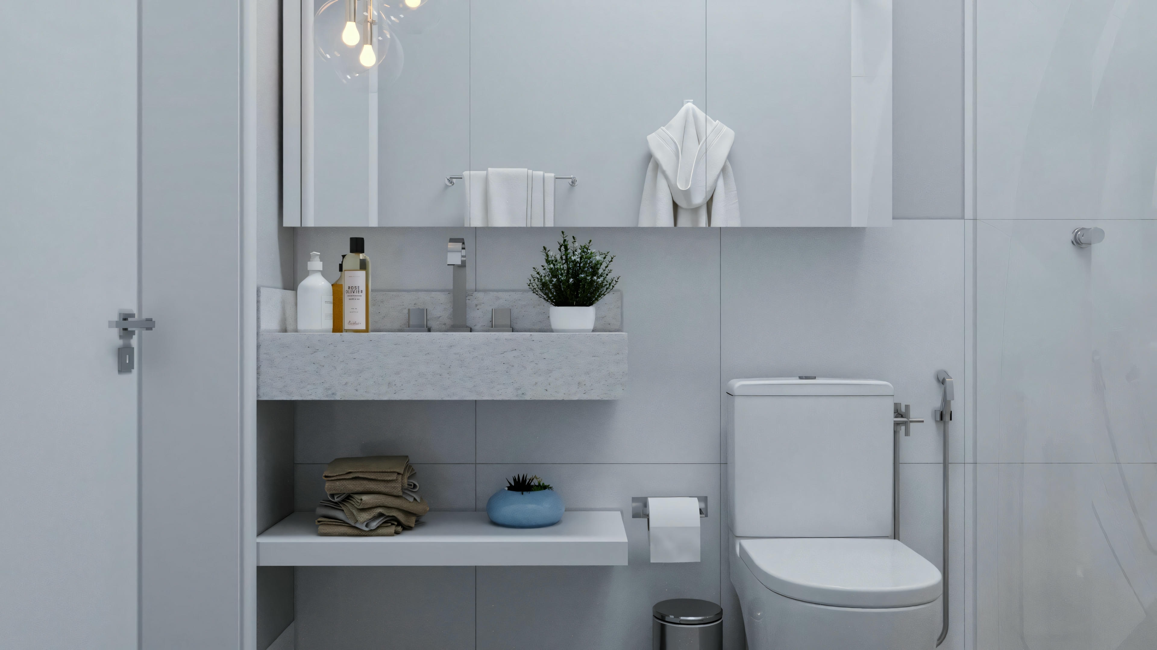 A modern bathroom with details and elegant lighting.