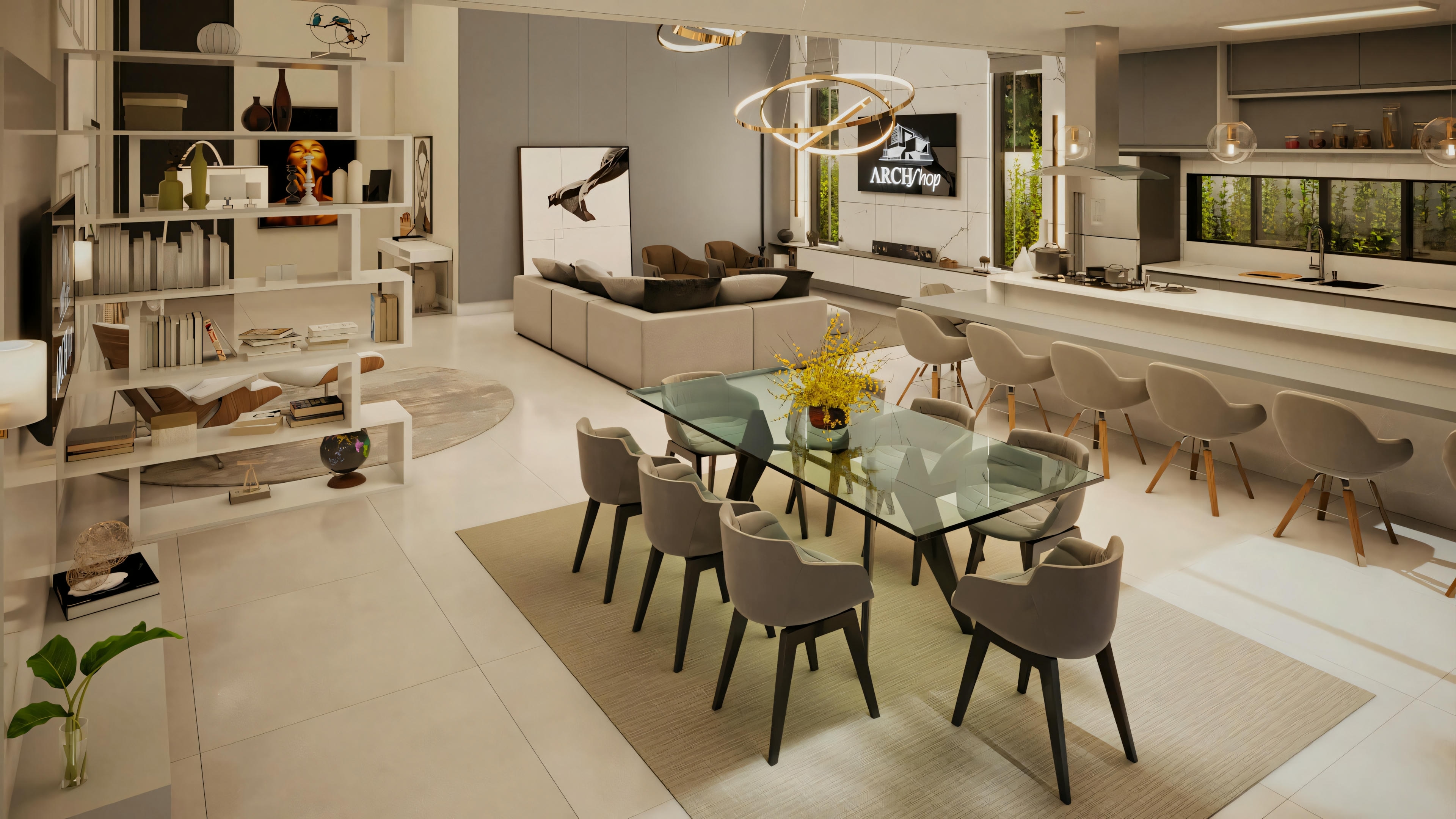 A modern bathroom with a large mirror, a white sink with a countertop, and a shower area with a glass partition.