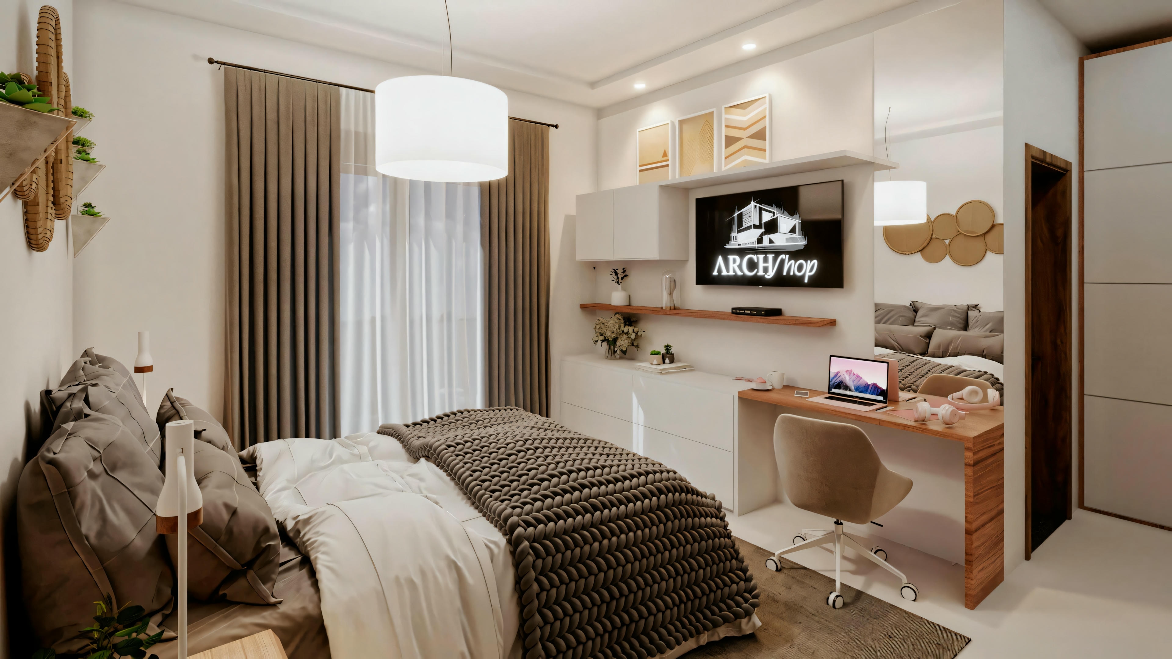 A modern bedroom with a large bed, nightstands, television, and curtains over a window.