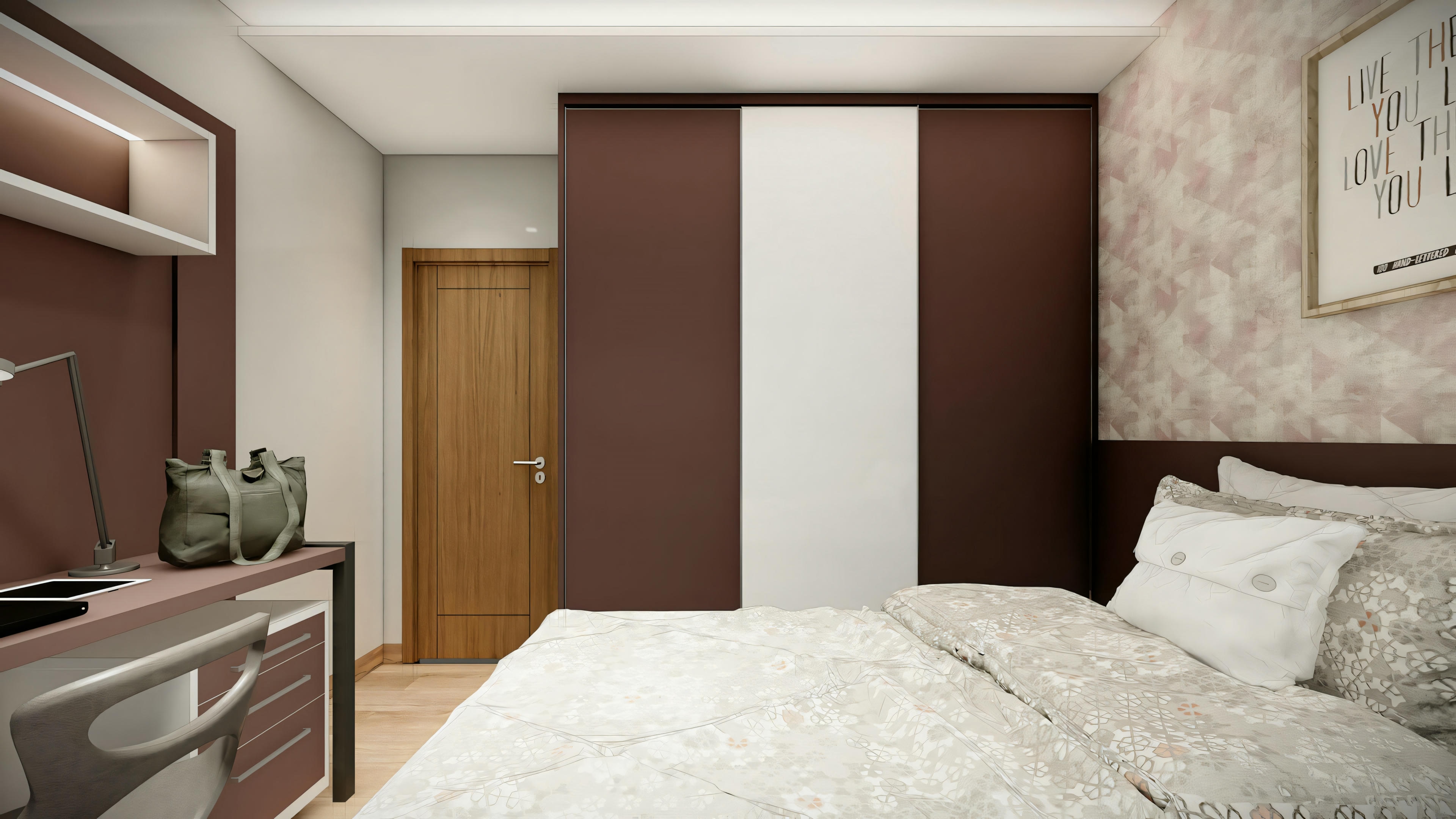 Modern bedroom with large bed, nightstands, lamp, and wardrobe.