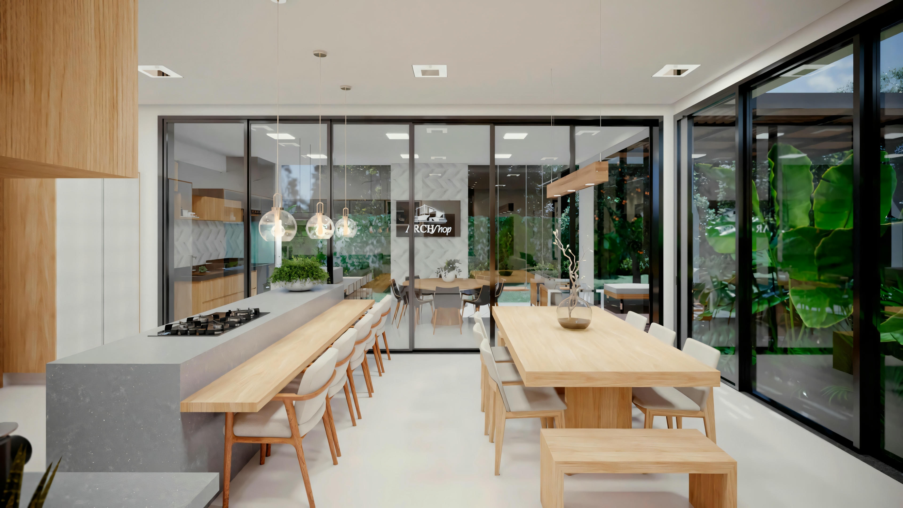 An interior space with a long dining table, chairs, and large glass windows offering a view of the outdoor greenery.