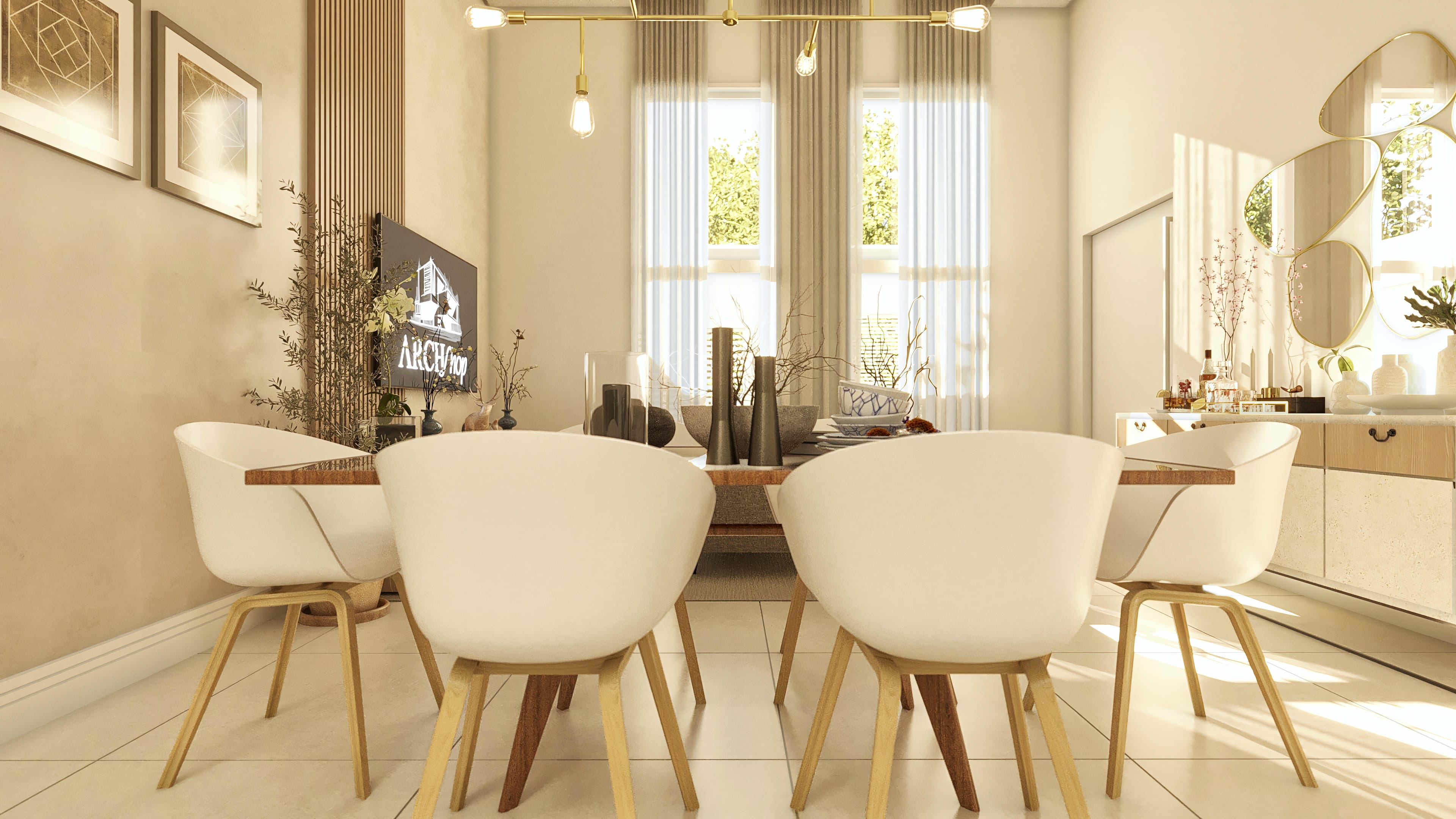 Internal environment of a single-story house, with a dining table and modern chairs. Highlight for the gold pendant lighting and artworks on the walls.