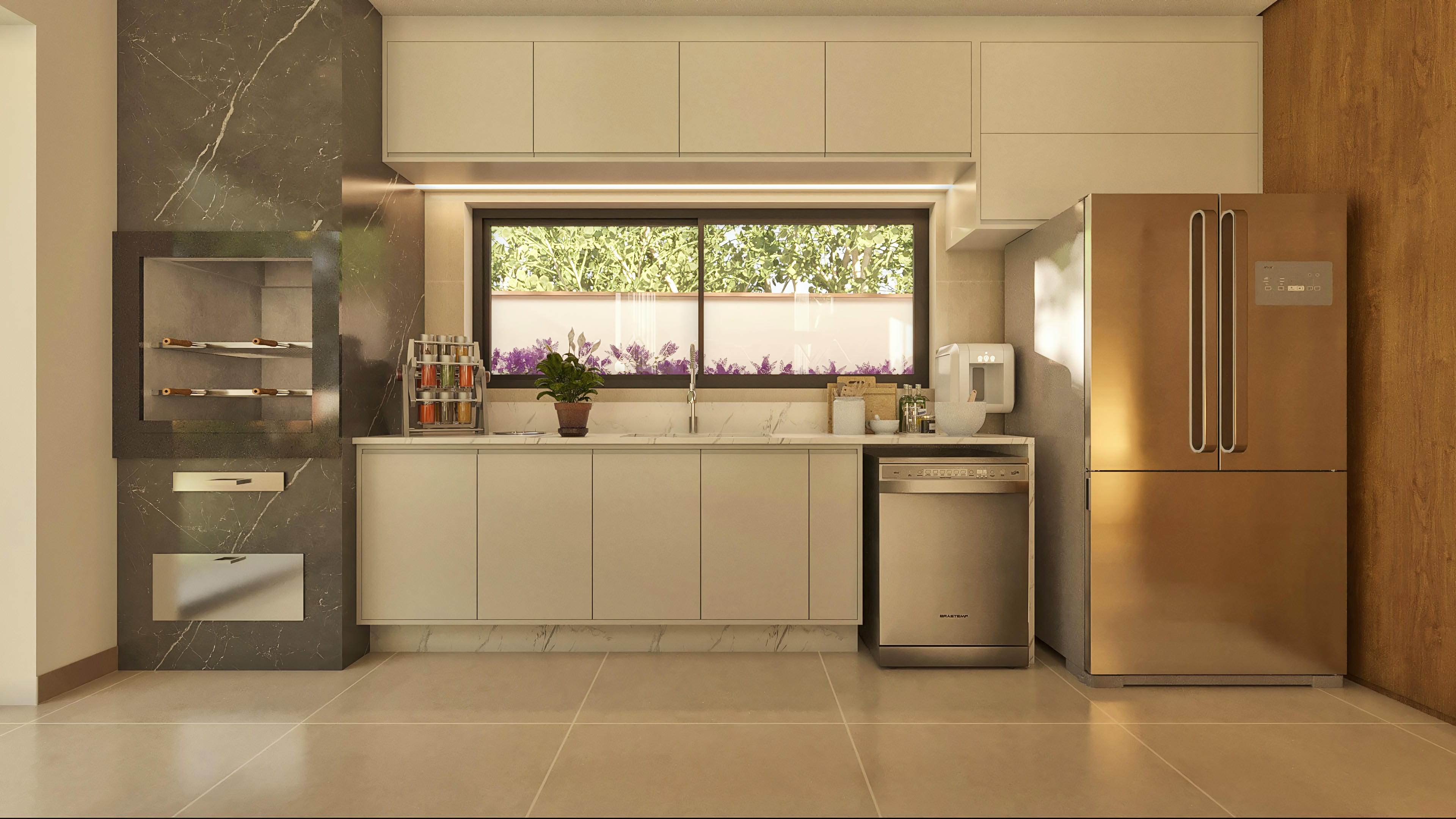 Modern kitchen with integrated barbecue, dark marble hood, light custom cabinets, white quartz counter, and stainless steel appliances.