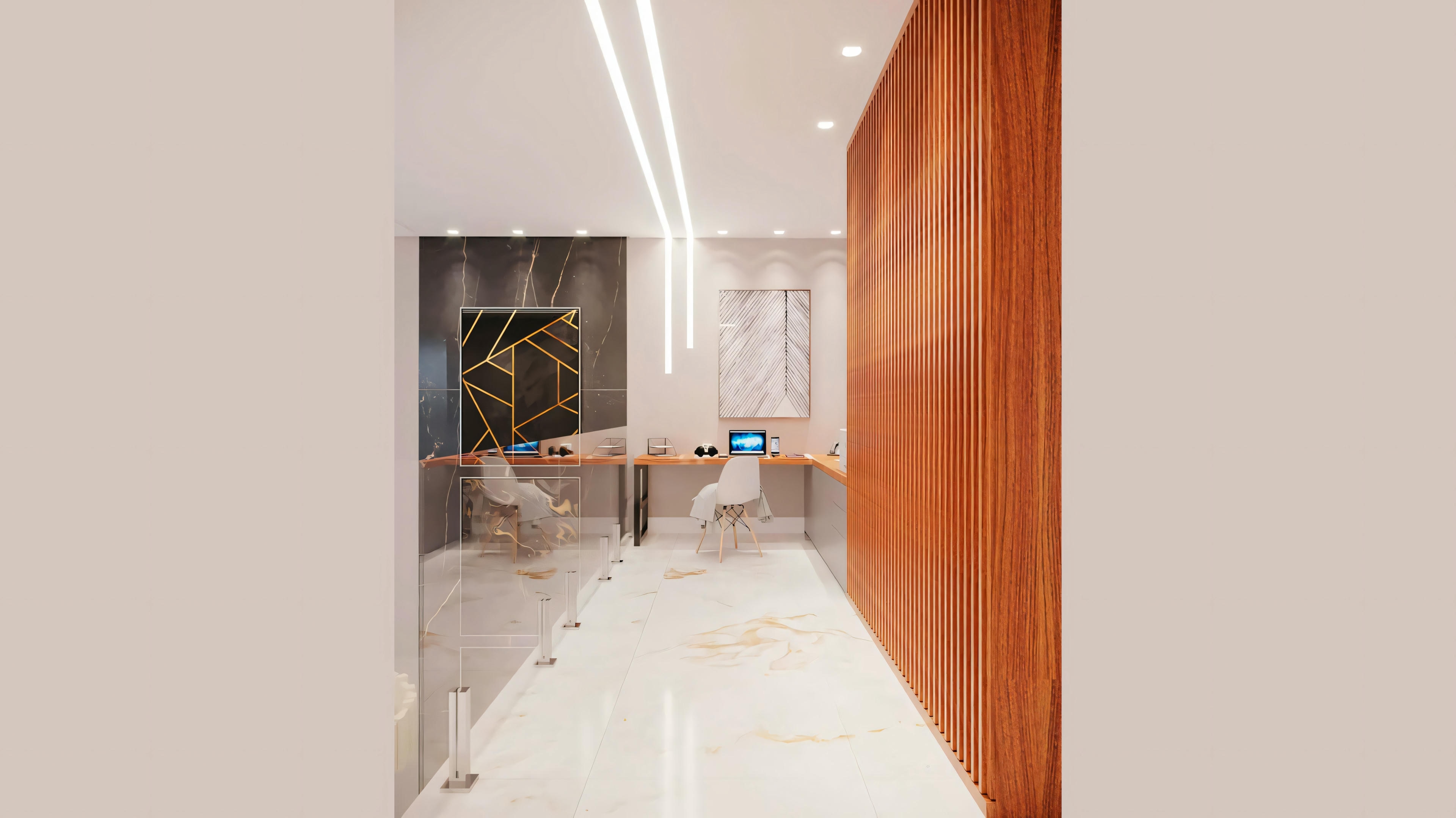 Hallway with white walls and floor, leading to an area with orange lighting.