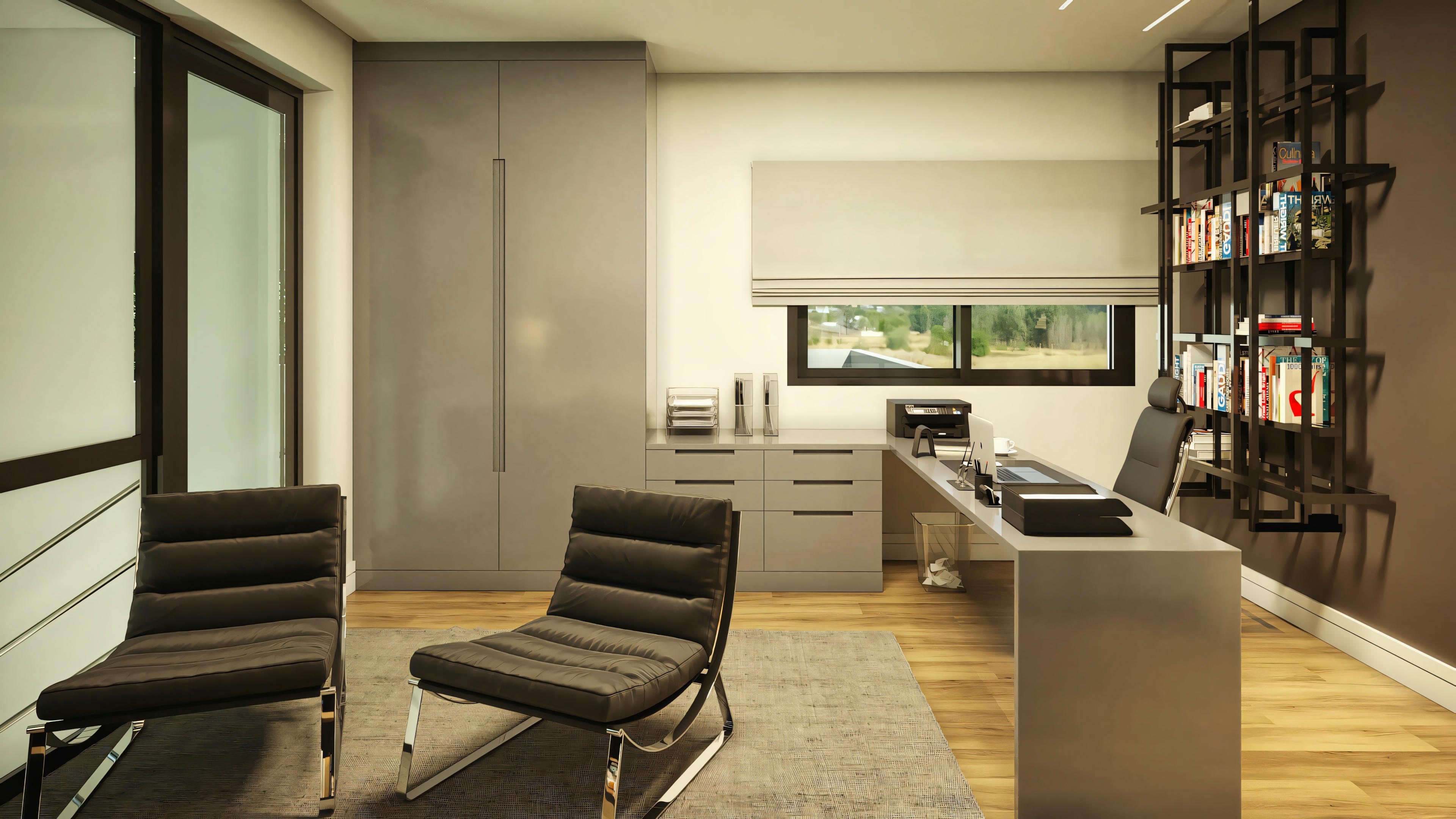 Home office with desk, chair, and shelves.