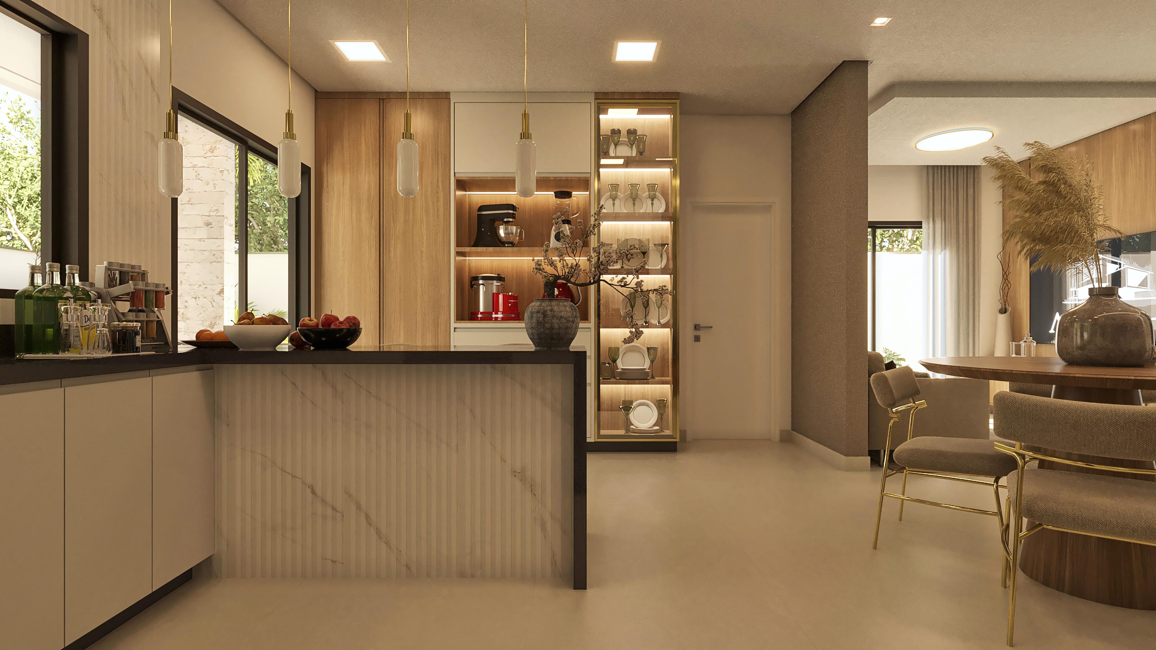 Internal house environment with a modern kitchen and marble-clad island, custom wood and white cabinets, illuminated shelves with dinnerware, and dining area with a round table.