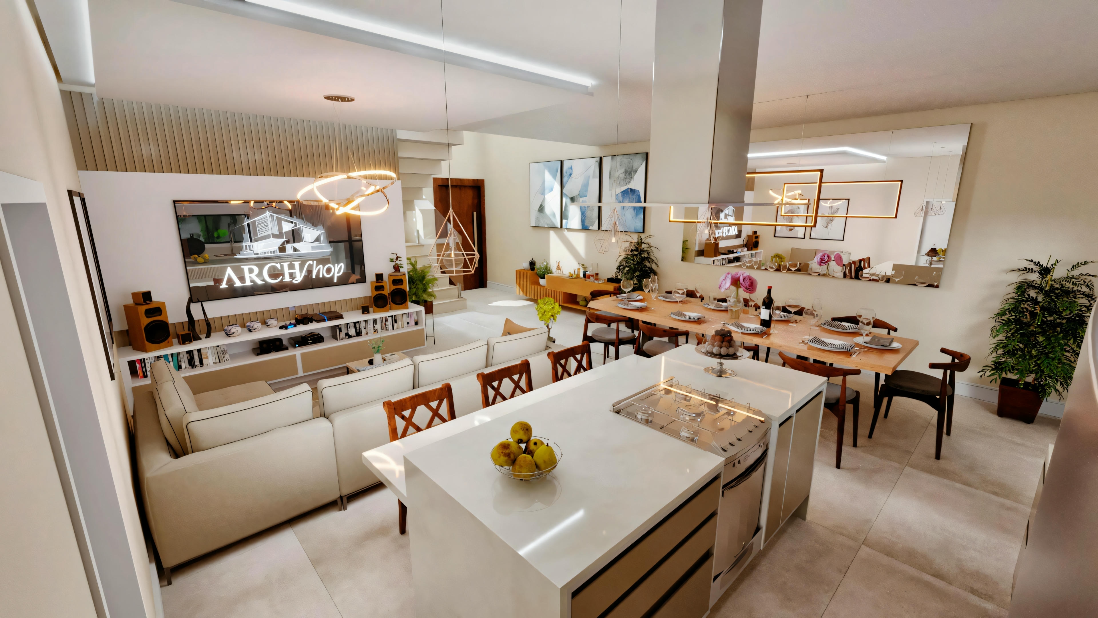 A modern kitchen with white cabinets, stainless steel appliances, a central island with bar stools, and decorative elements.