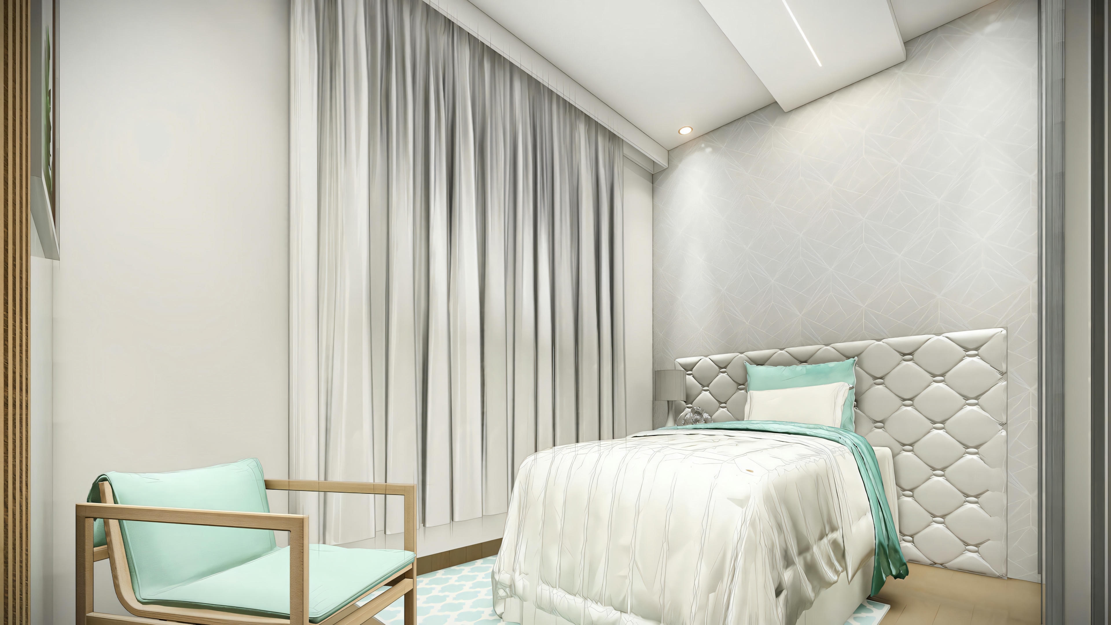 Modern bedroom with single bed, tall upholstered headboard in capitonné pattern, armchair, long curtains and patterned carpet. 3-bedroom house project.