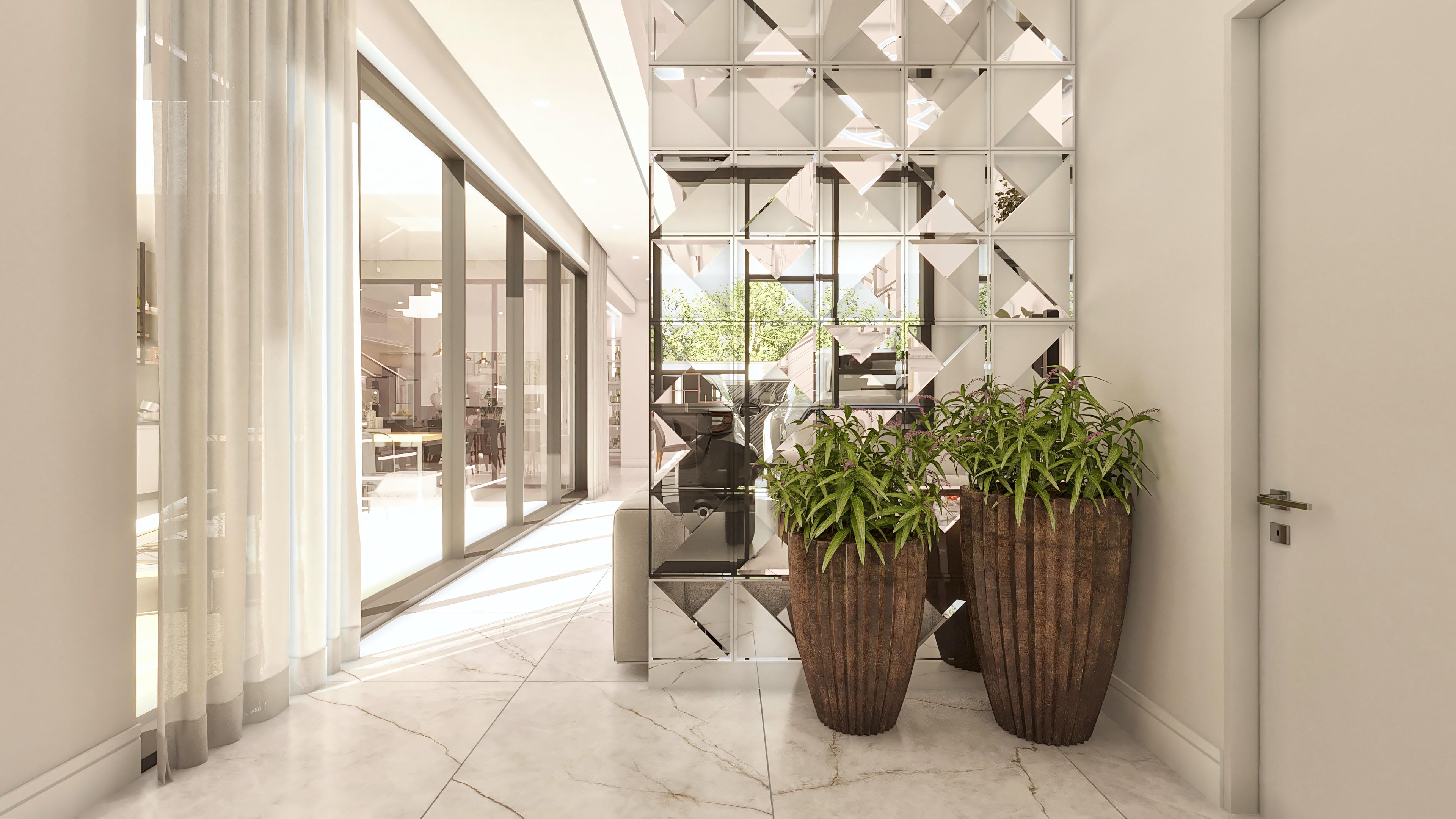 Interior of a modern two-story house with natural lighting, marble flooring, mirrored divider, and plants in rustic pots. Access to the outdoor area with pool and gourmet space.