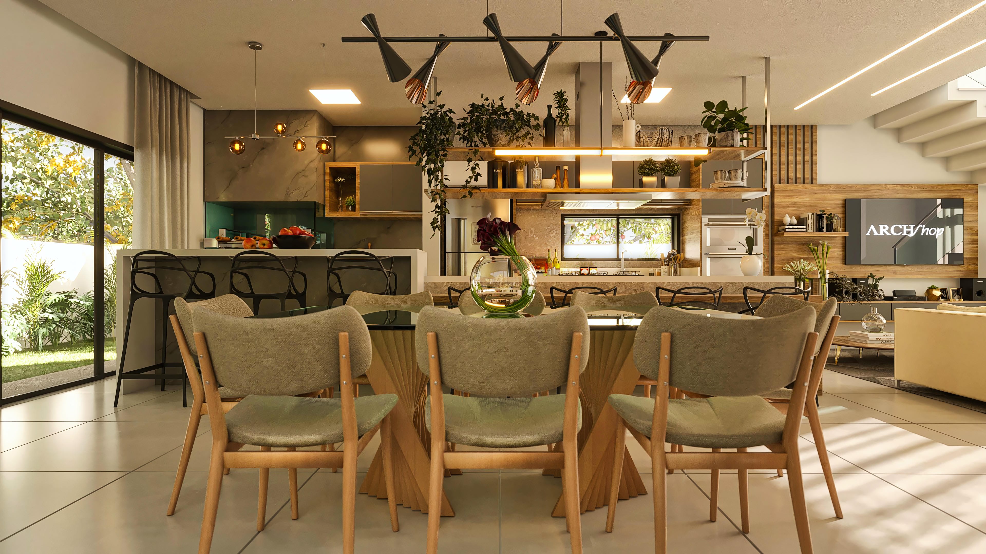 Internal environment of a modern two-story house with an integrated dining room and kitchen. Highlight for the lighting, materials and contemporary design.