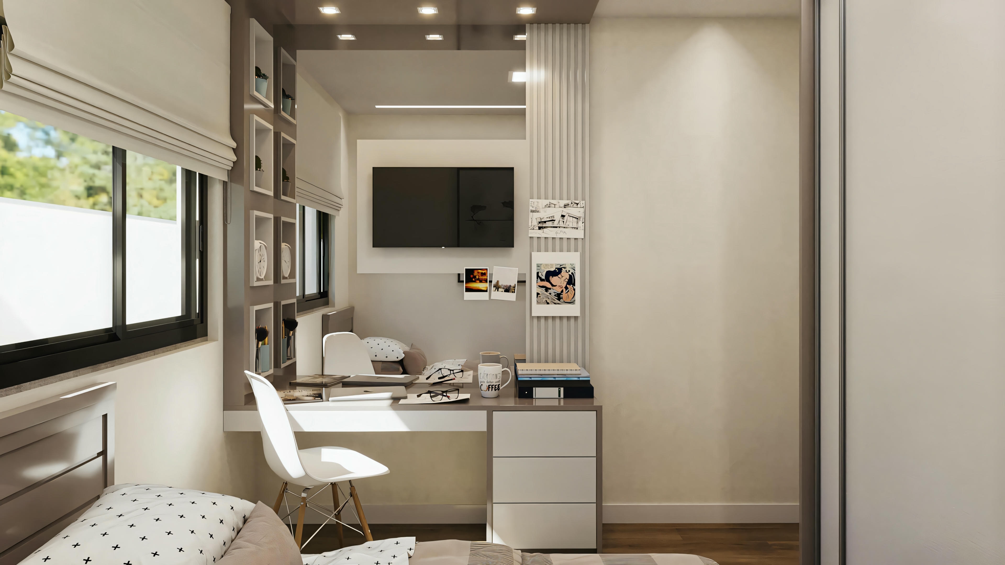 Oficina en casa con escritorio, silla, ordenador y estanterías con diversos objetos.