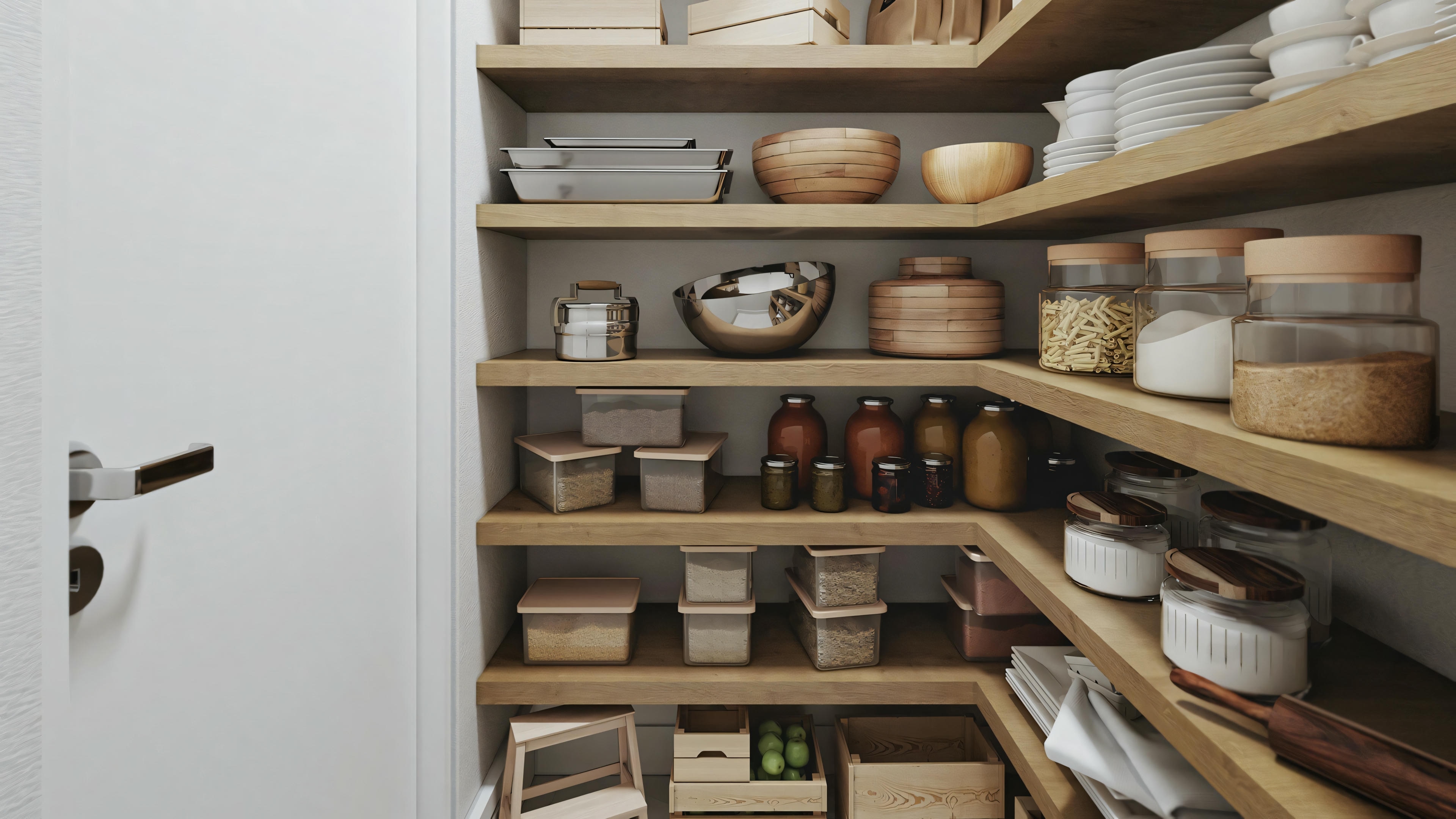 A pantry with wooden shelves, organized with various food items and kitchen utensils.