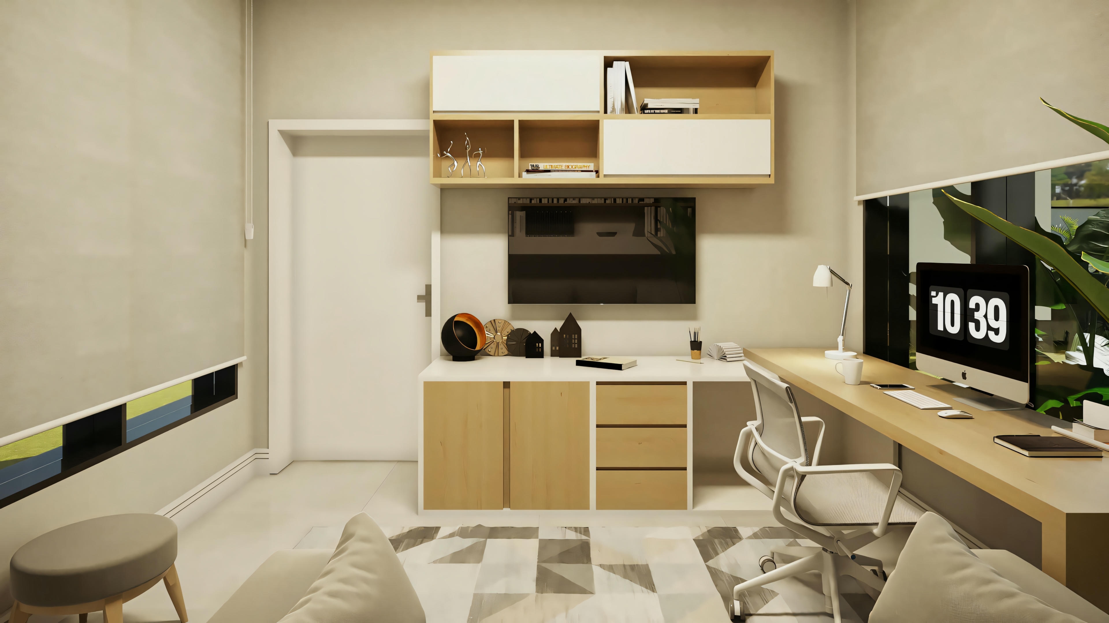View of the planned office/home office in a ready-made modern house project. Detail of low cabinets, suspended shelves, entrance door, and part of the work countertop.
