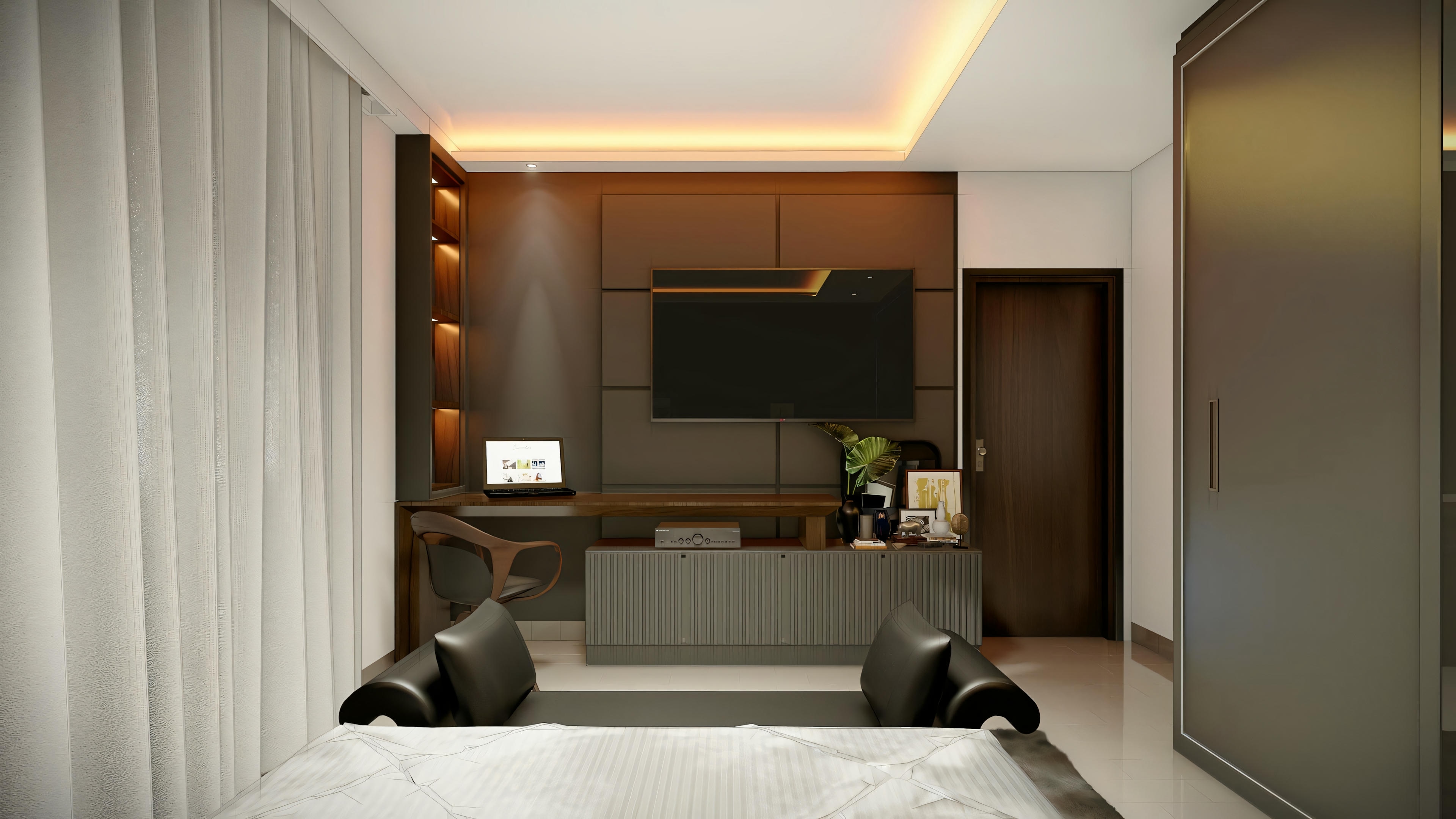 Quarto moderno com móveis sofisticados e paleta de cores neutras.