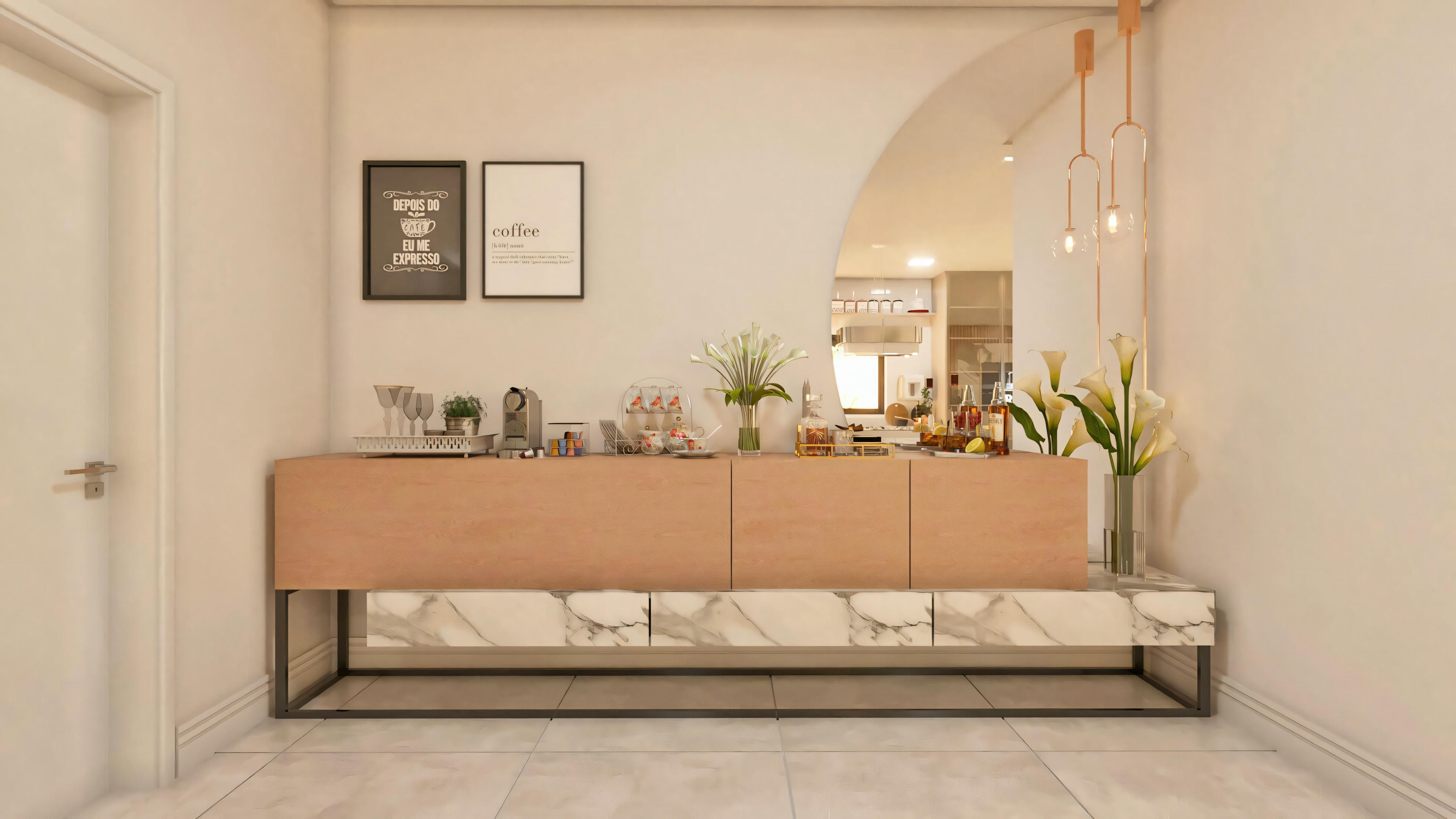 Detalle del rincón del café o bar en la casa de dos pisos moderna 10x25, con mueble/aparador en madera y mármol, decoración e iluminación colgante.