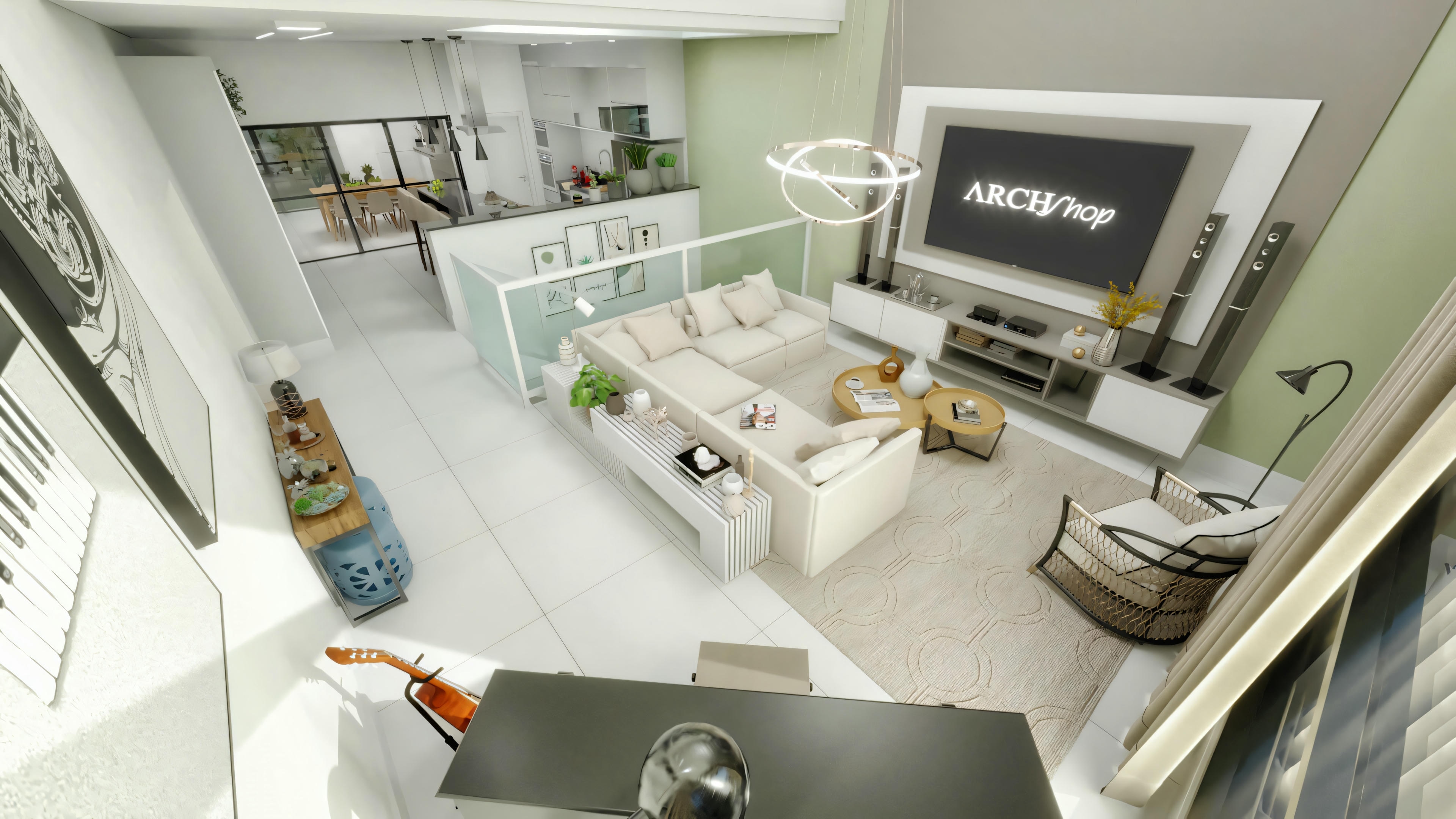 Sala de estar moderna com sofá seccional grande, paredes brancas e unidade de entretenimento com televisão.