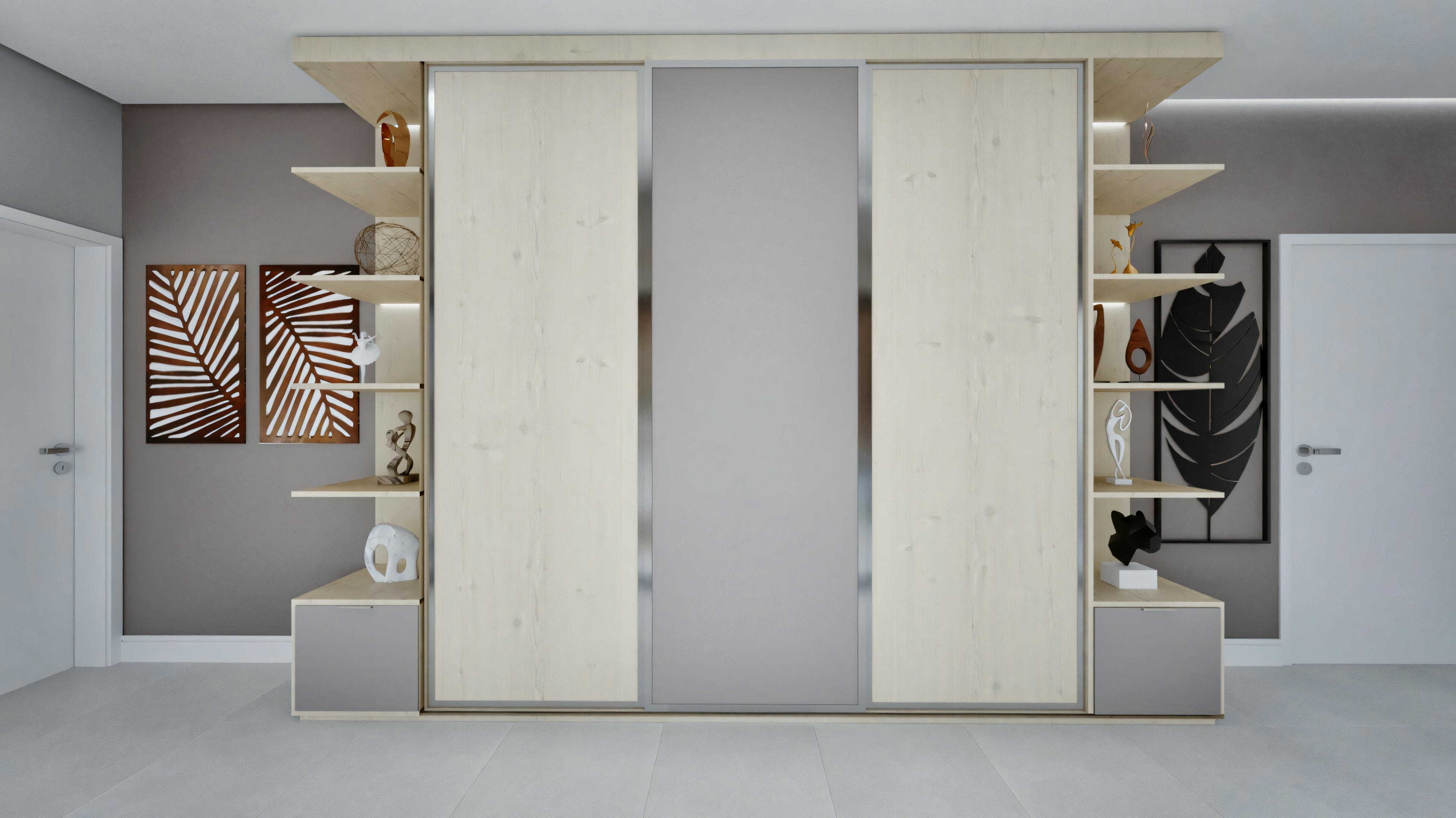 Vista interna de uma sala com elementos de design moderno, incluindo uma divisória branca com prateleiras, vasos decorativos e uma peça de arte na parede.