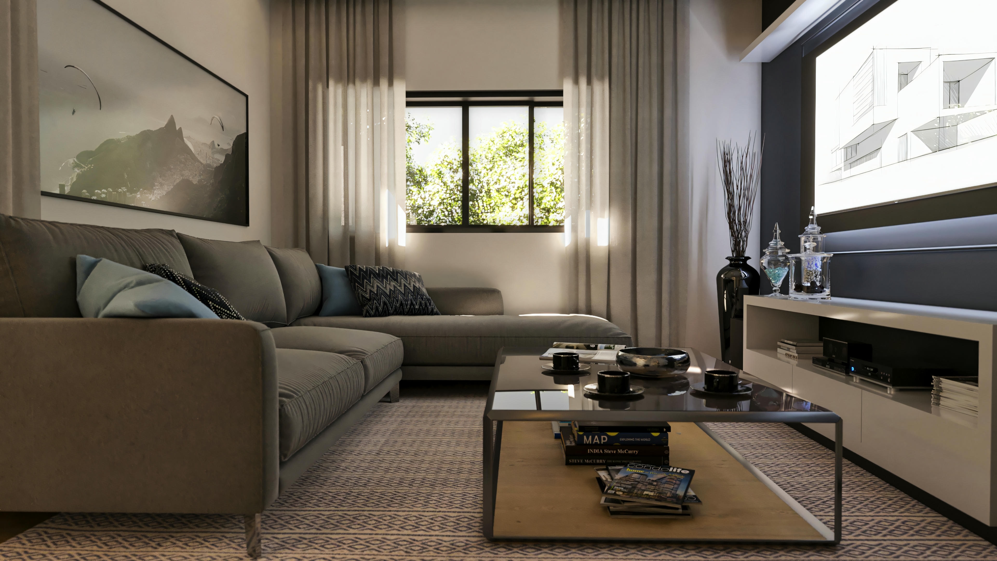 Sala de TV confortable en proyecto de casa moderna con 394.84m², 4 suites y piscina. Ambiente con sofá seccional grande de tela gris, almohadones decorativos, mesa de centro con estructura metálica y estantes de madera, panel de TV con pantalla exhibiendo boceto arquitectónico, ventana con cortinas de tela y alfombra con grafismos. Obra de arte abstracta en la pared lateral.