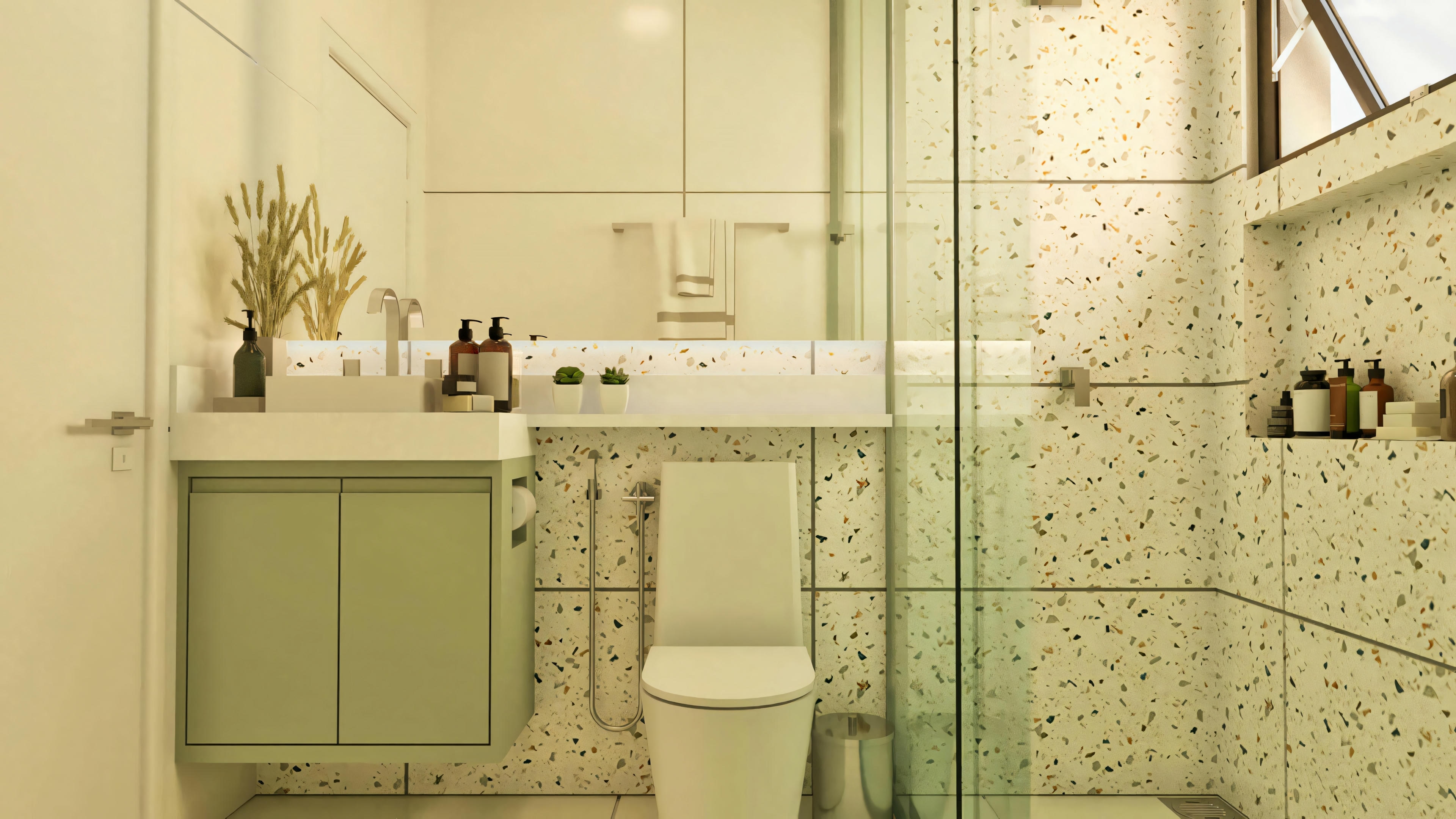 Small bathroom with niche.