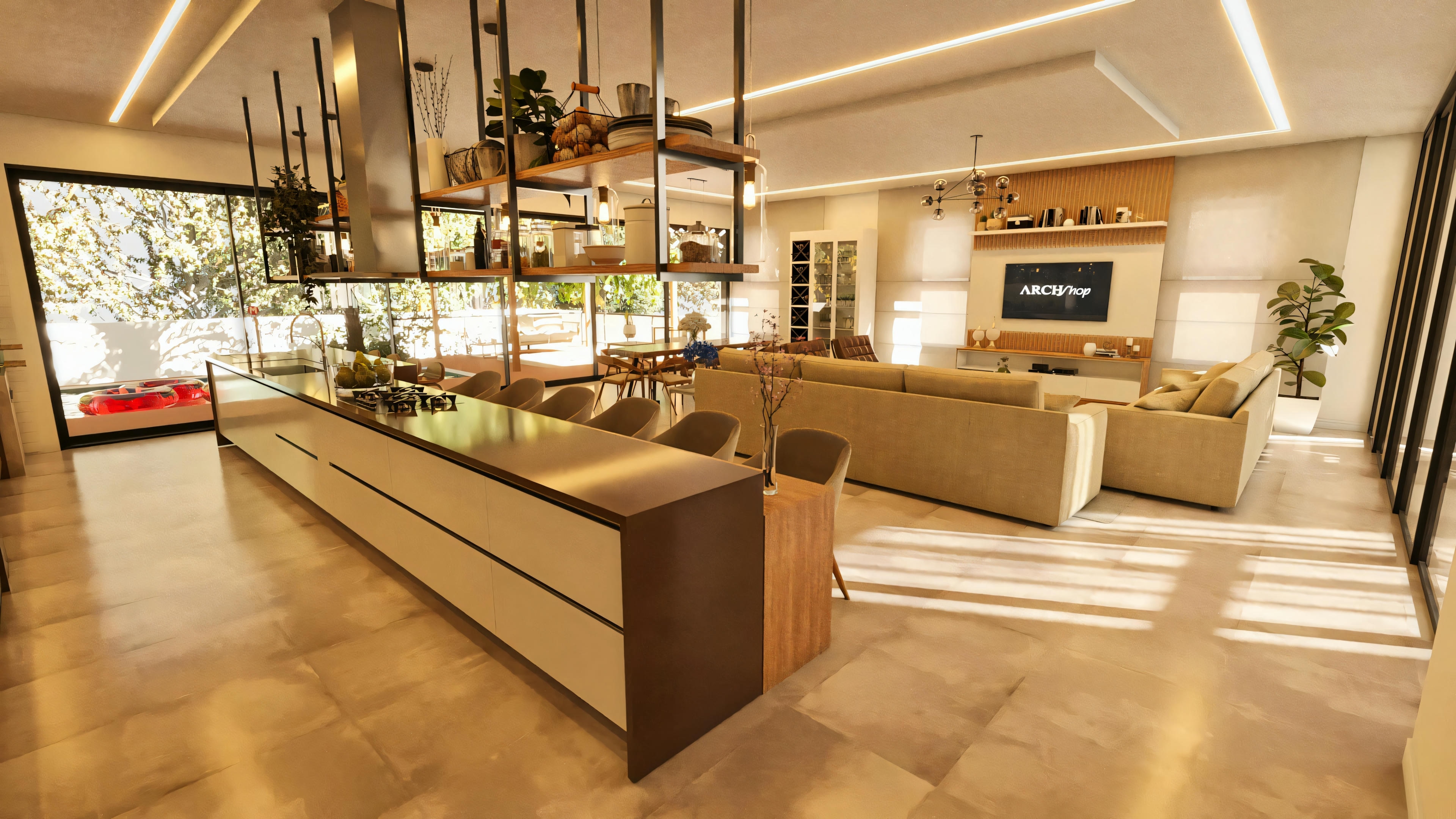 Visión general del espacio social integrado en proyecto de casa moderna. Cocina gourmet con isla y cooktop en primer plano, conectada a la sala de estar con panel de TV al fondo. Concepto abierto con diseño contemporáneo.
