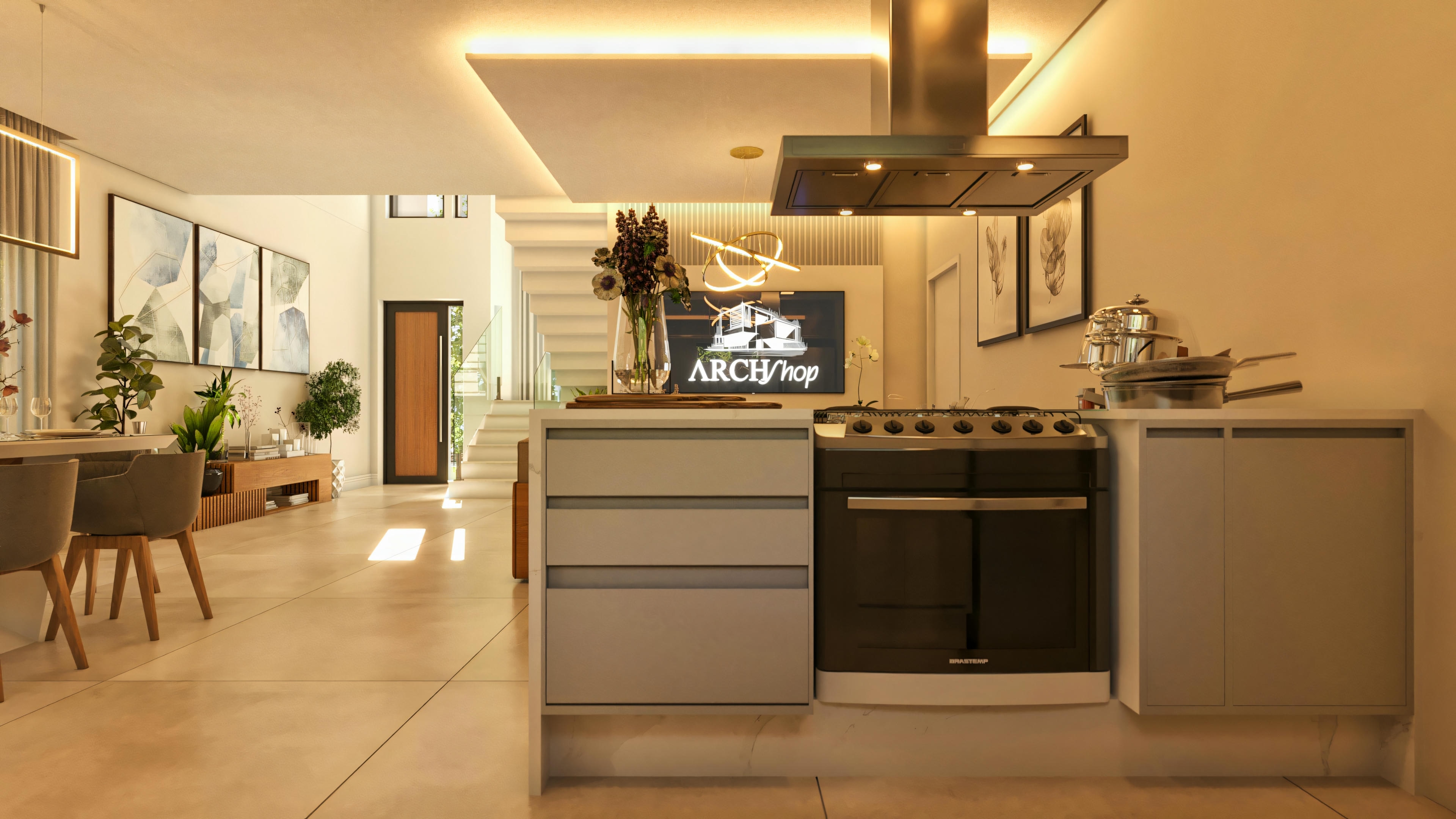 Visão a partir da área do fogão na cozinha moderna, mostrando a integração com sala de jantar, sala de estar, hall e escada em sobrado de conceito aberto. Design funcional.