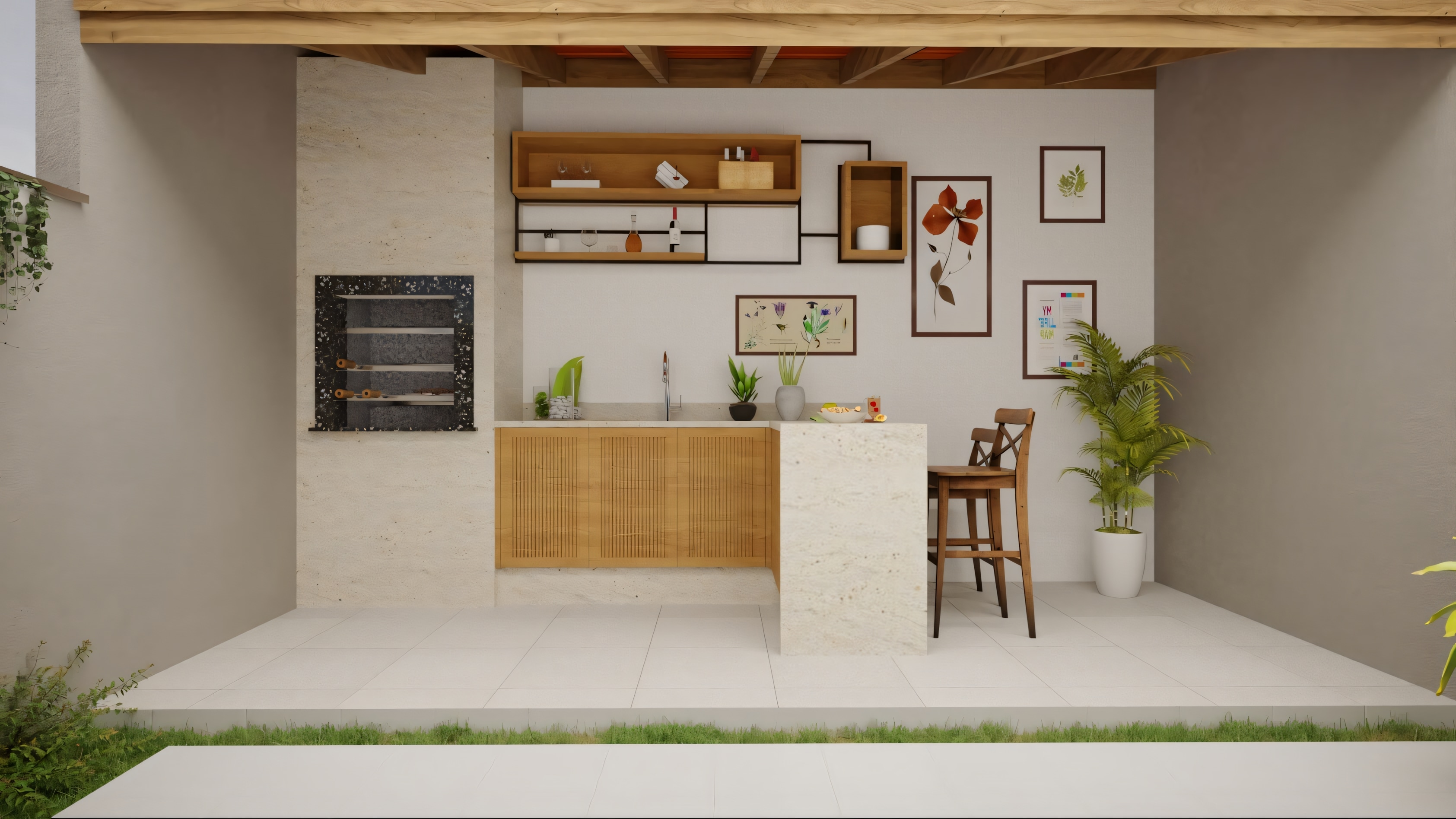 Área gourmet exterior cubierta con barbacoa empotrada, encimera en L con pila, armarios con puertas de ratán y estantes de madera. Ideal para casas pequenas con espacio exterior.