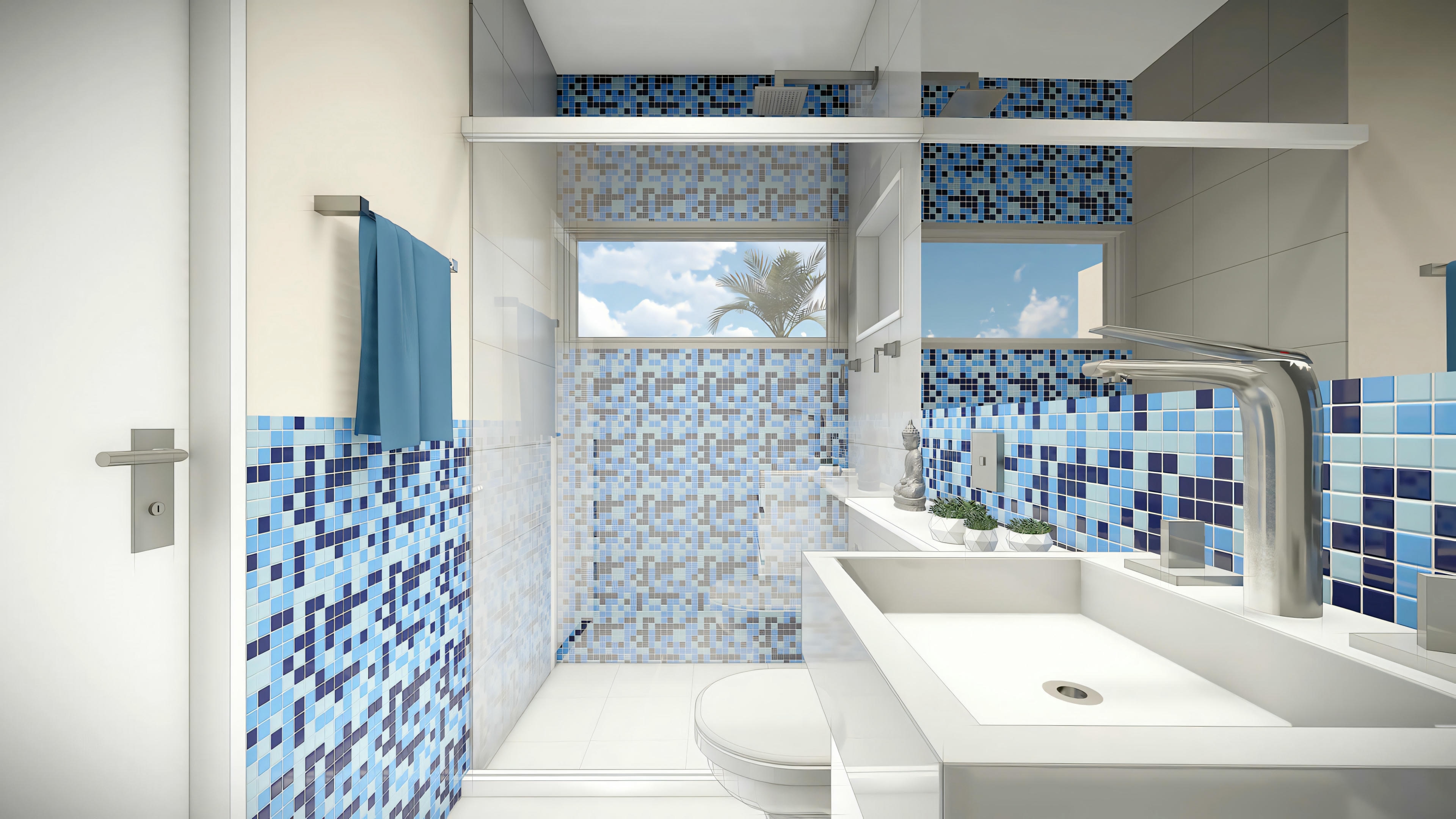 Um banheiro com paredes brancas, uma banheira e azulejos com padrão azul.