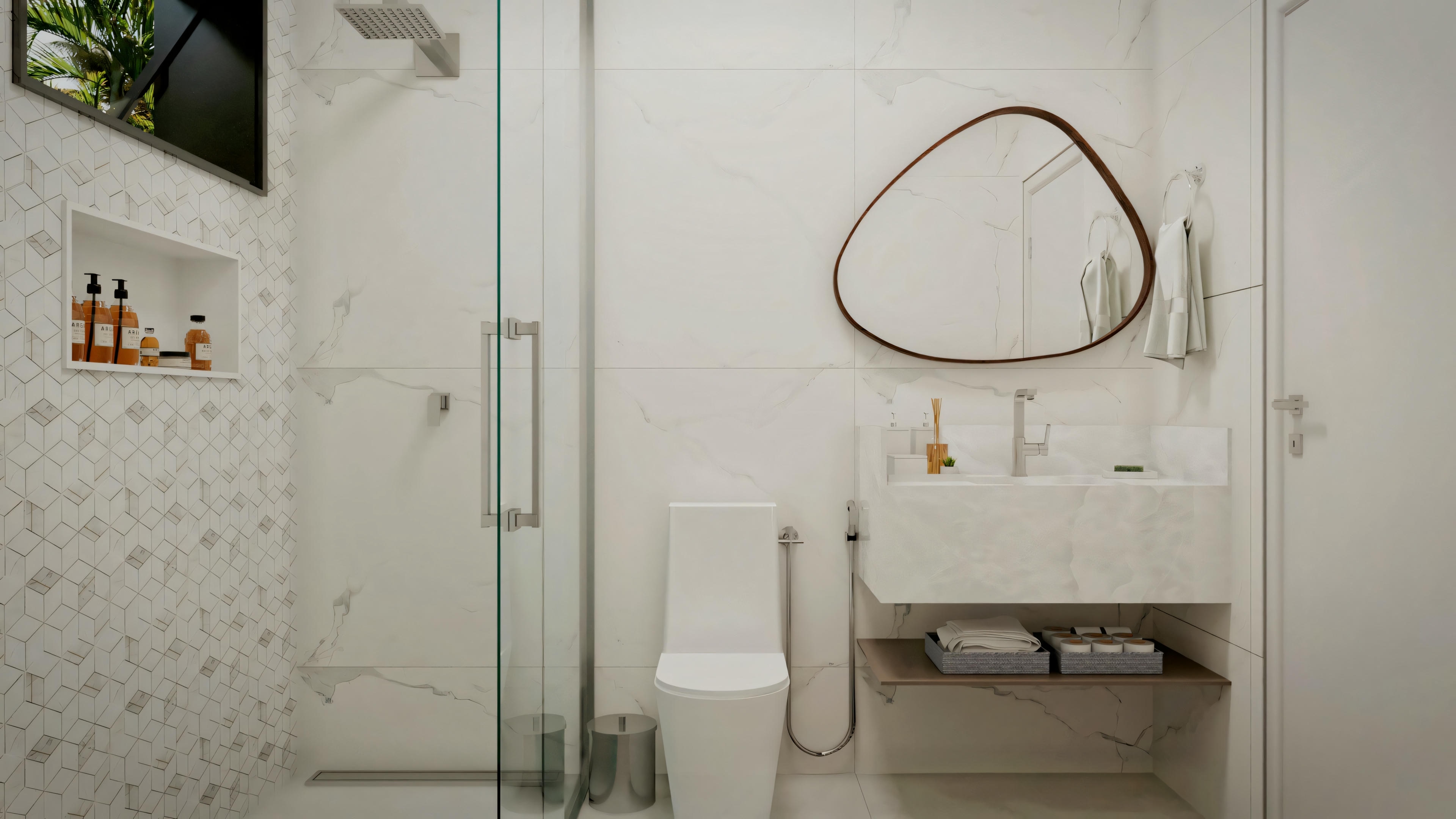 Banheiro moderno com espelho grande, pia e planta decorativa.