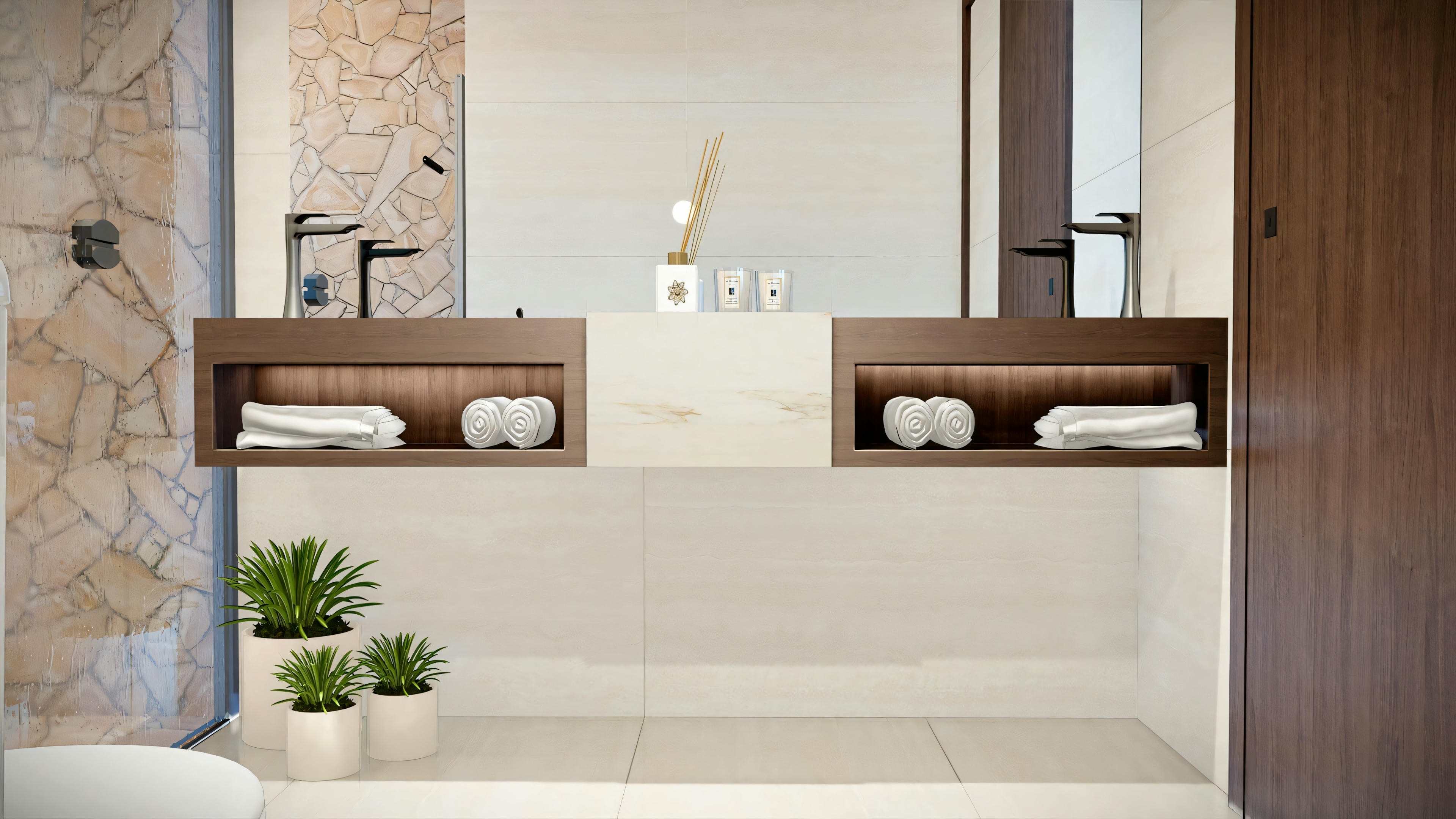 Un baño con ducha, lavabo y plantas decorativas.