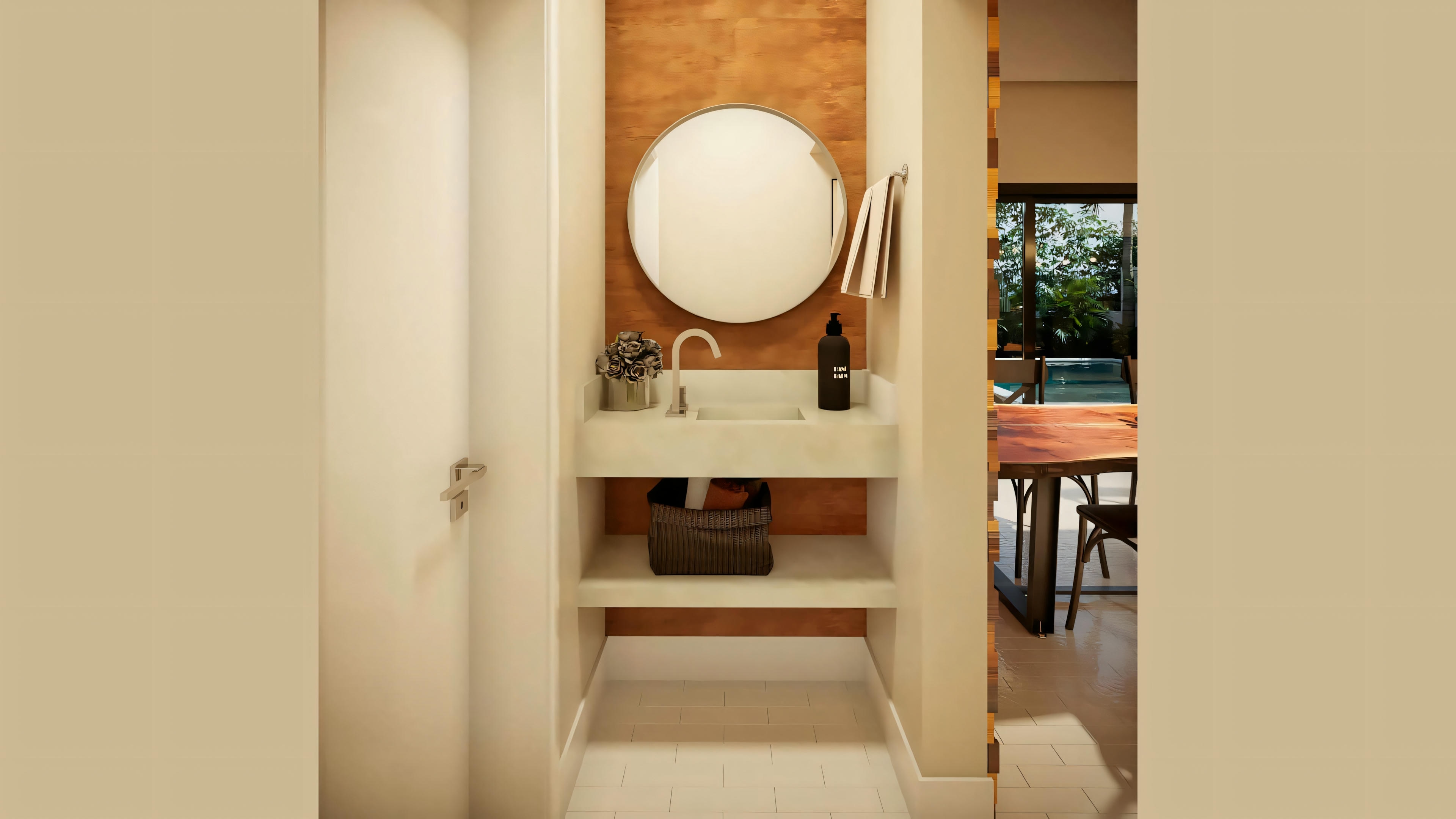 Un baño con paredes beige, inodoro y estantes encima, además de una escalera que conduce al espacio del baño.