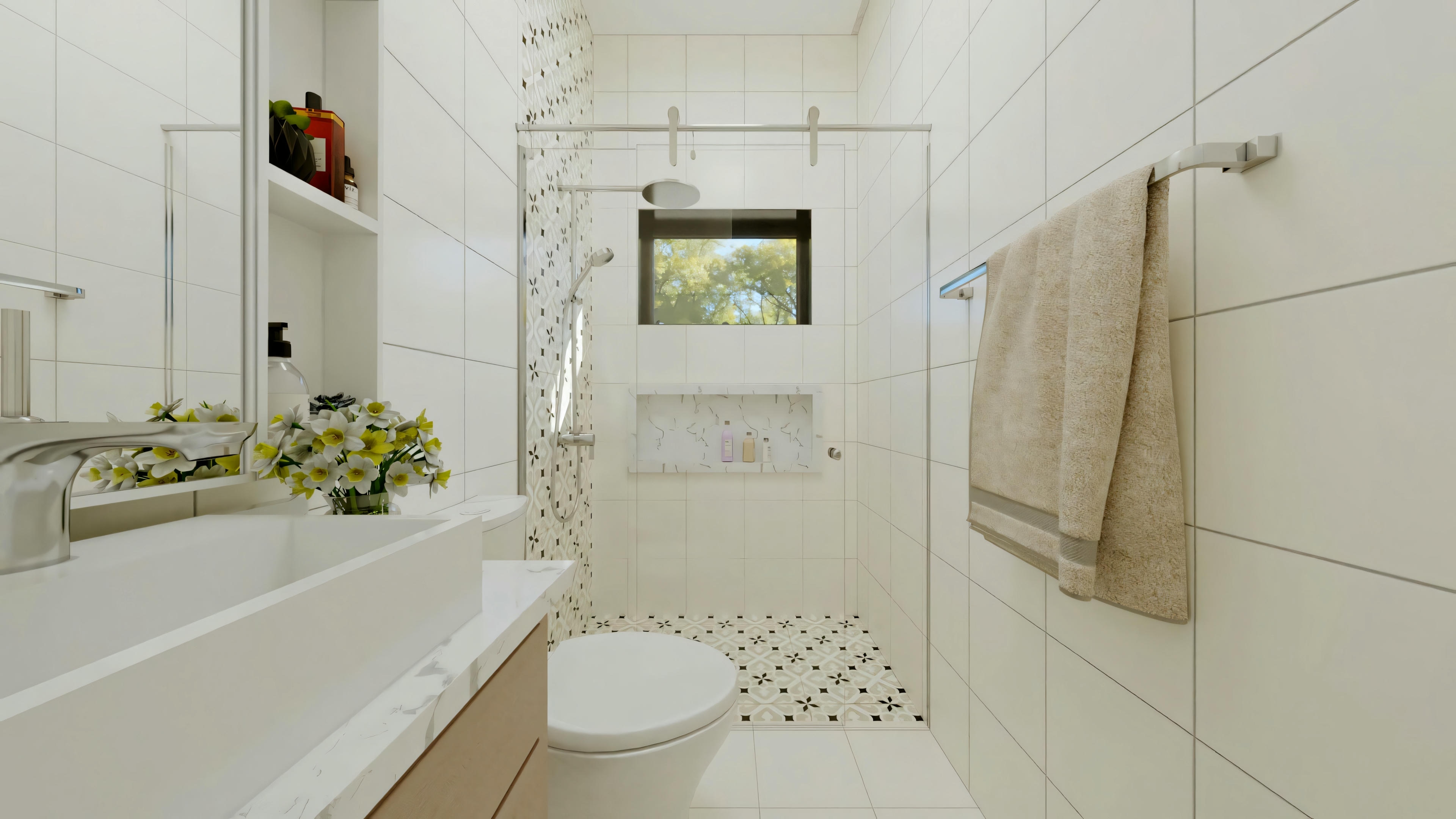 Un espacioso baño con paredes blancas, espejo grande sobre un lavabo doble, inodoro y área de ducha con puertas de vidrio.