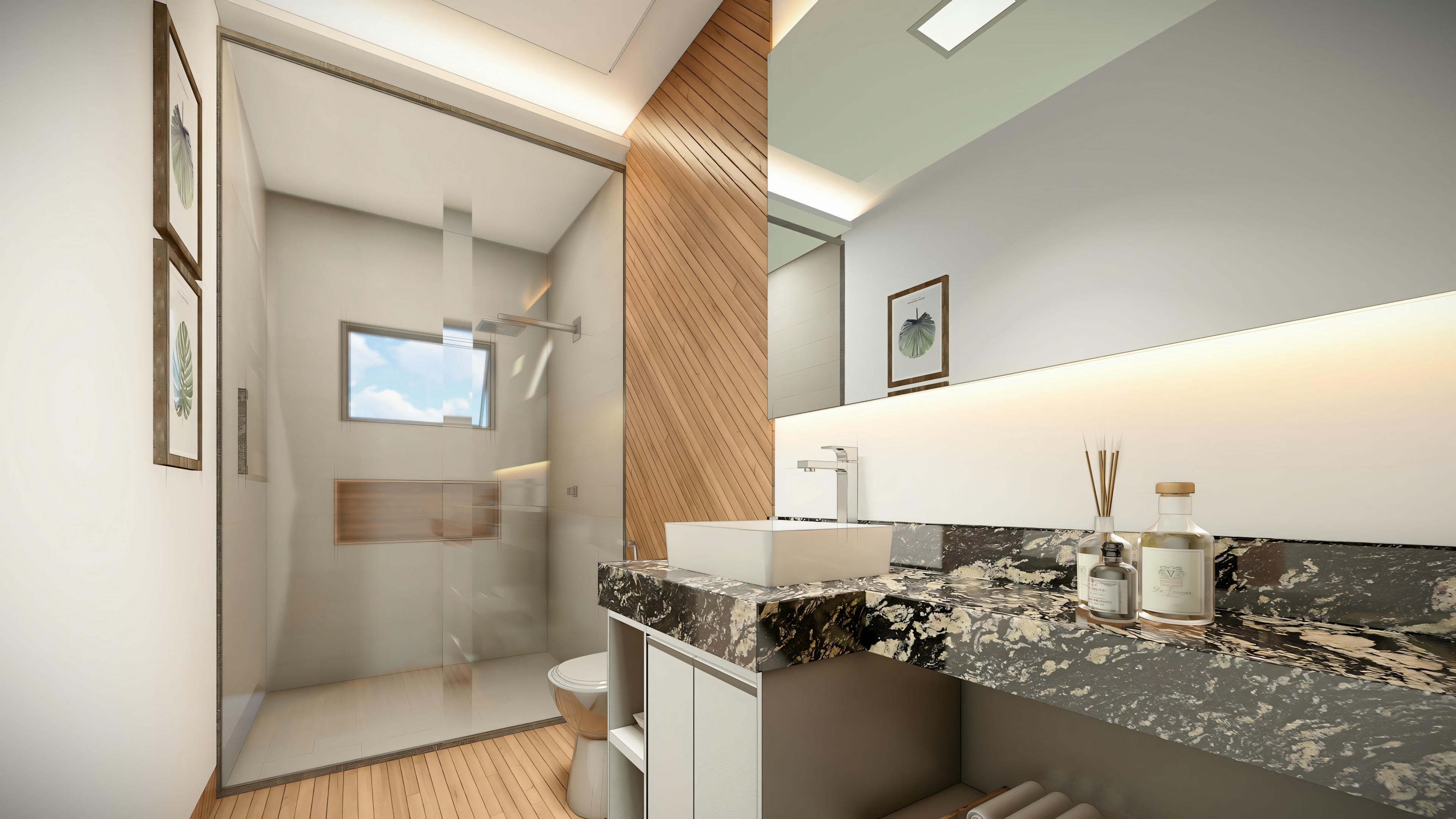 Un baño moderno y minimalista con una bañera exenta y piso en tonos oscuros.