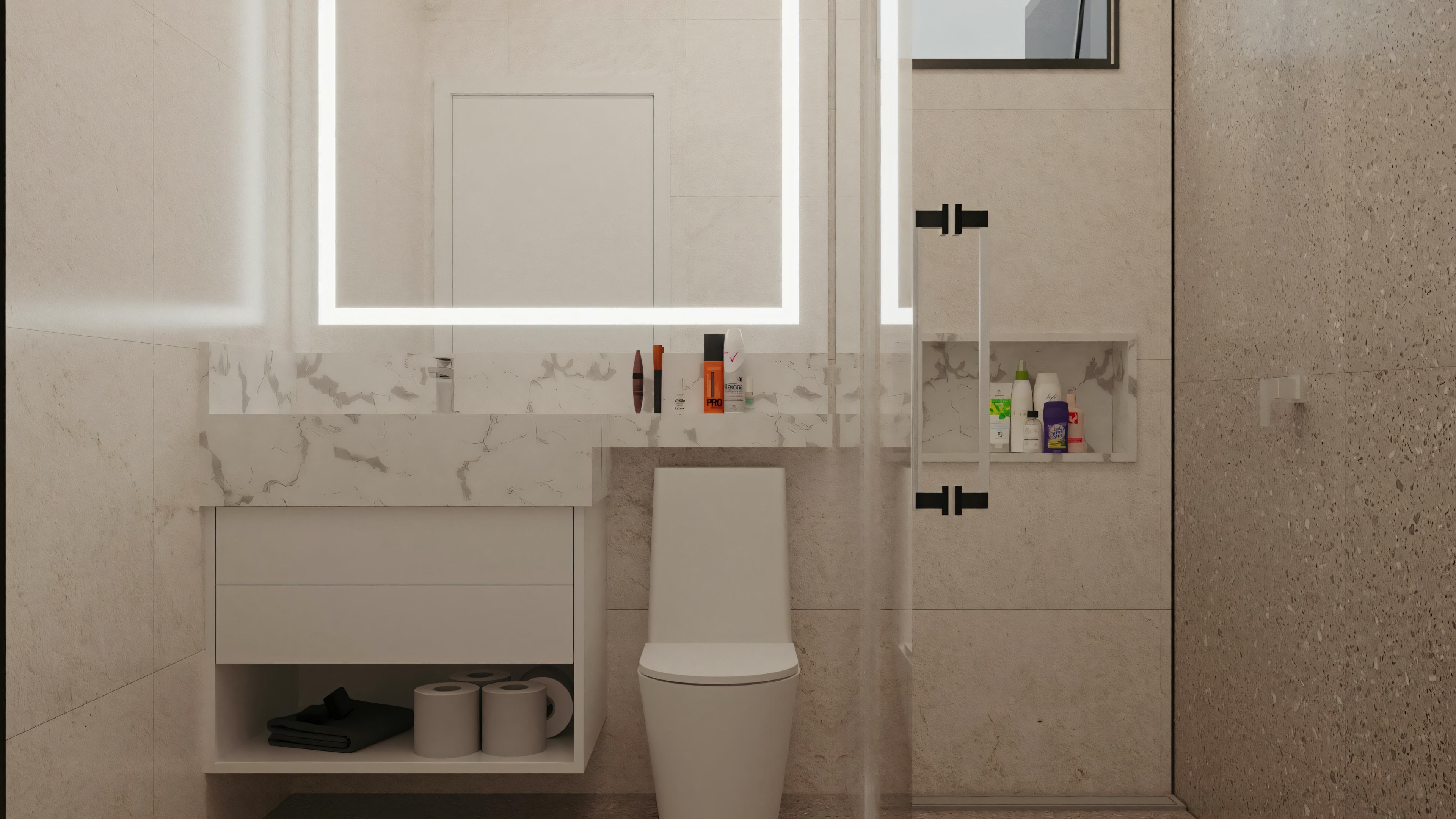 Un baño moderno con sanitarios blancos, incluyendo lavabo e inodoro, y toallas colgadas en la pared.