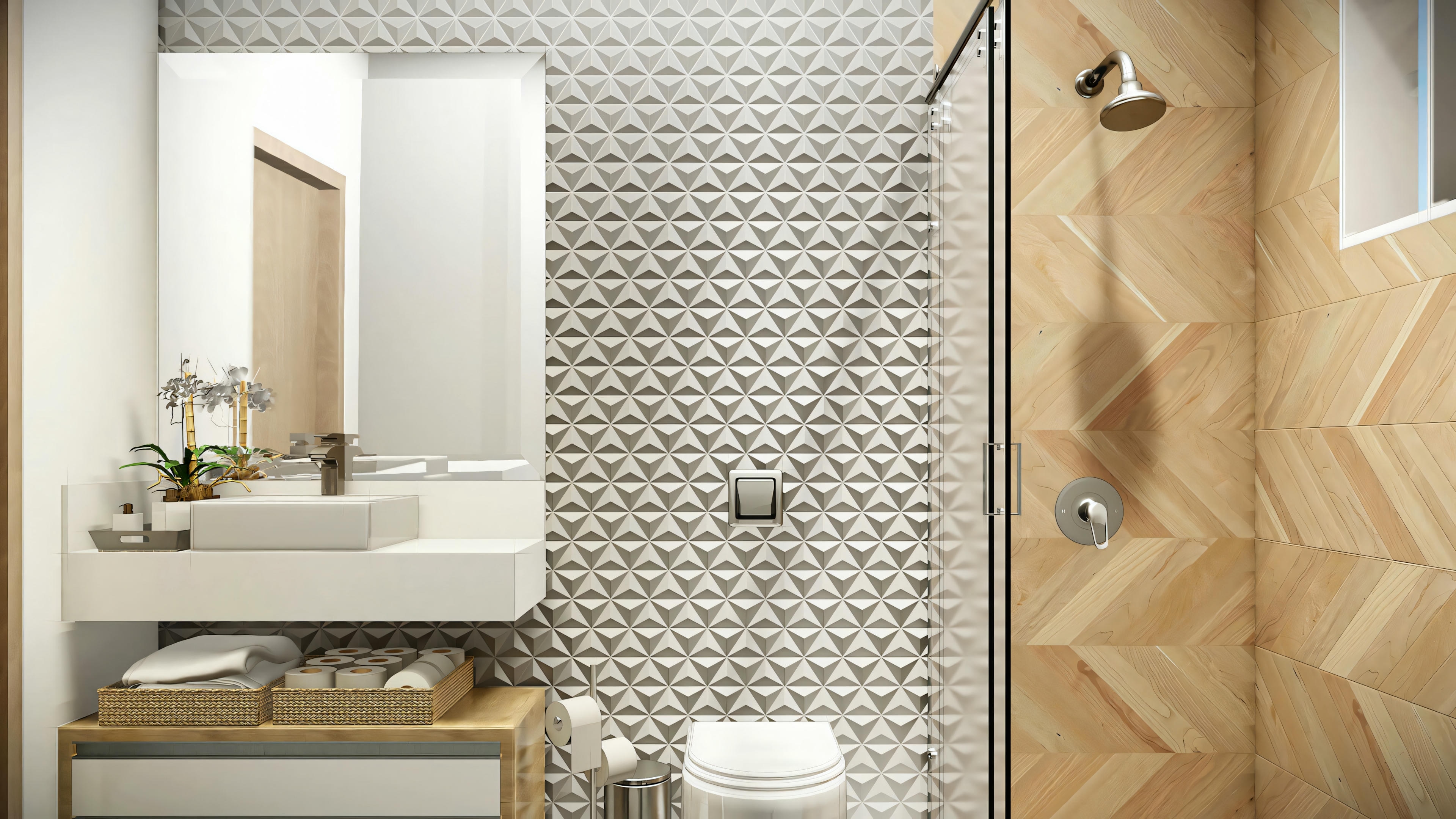 Bathroom with beige tiles, glass shower, and white sink.