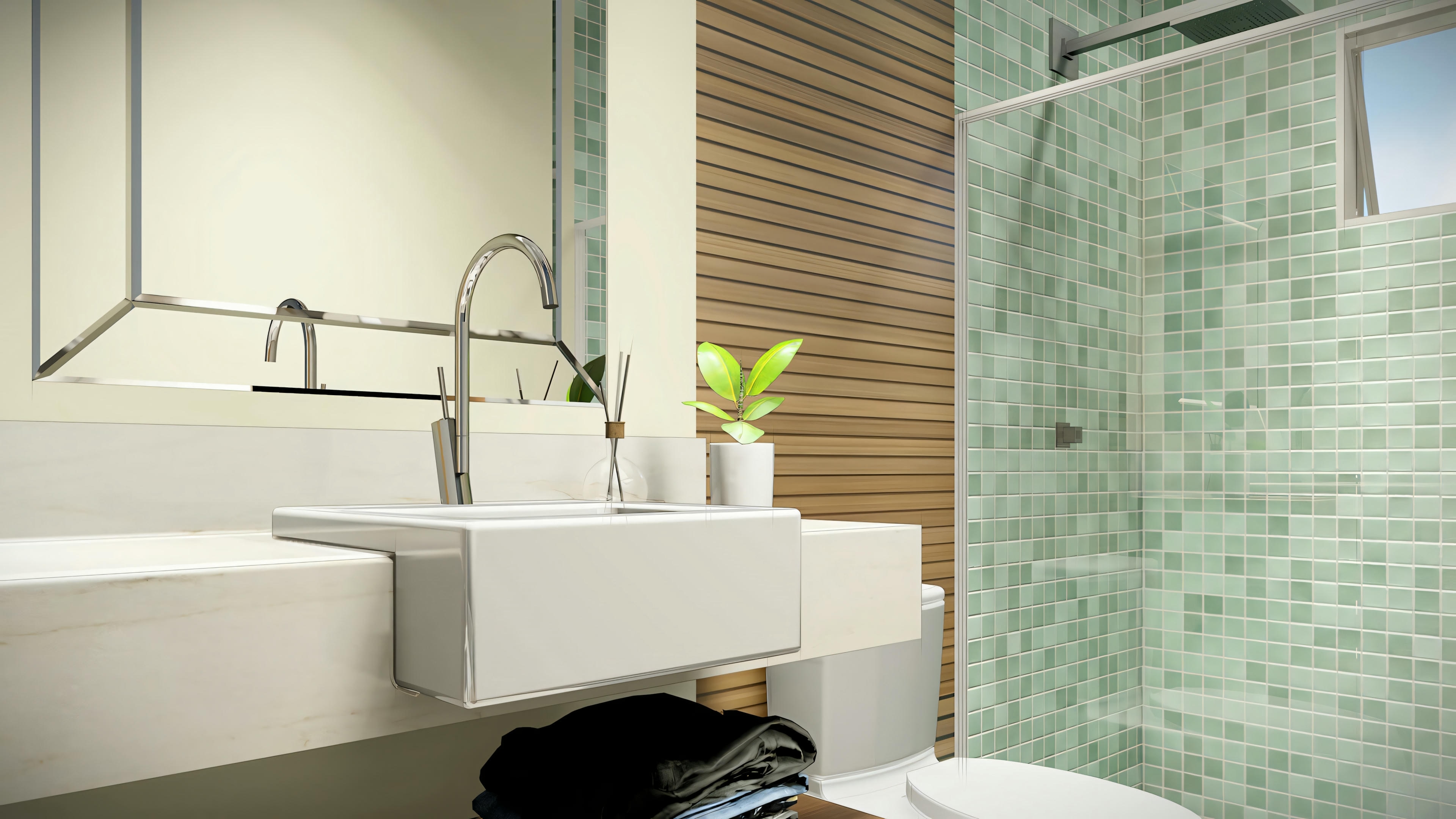 A bathroom with a freestanding bathtub and large windows.