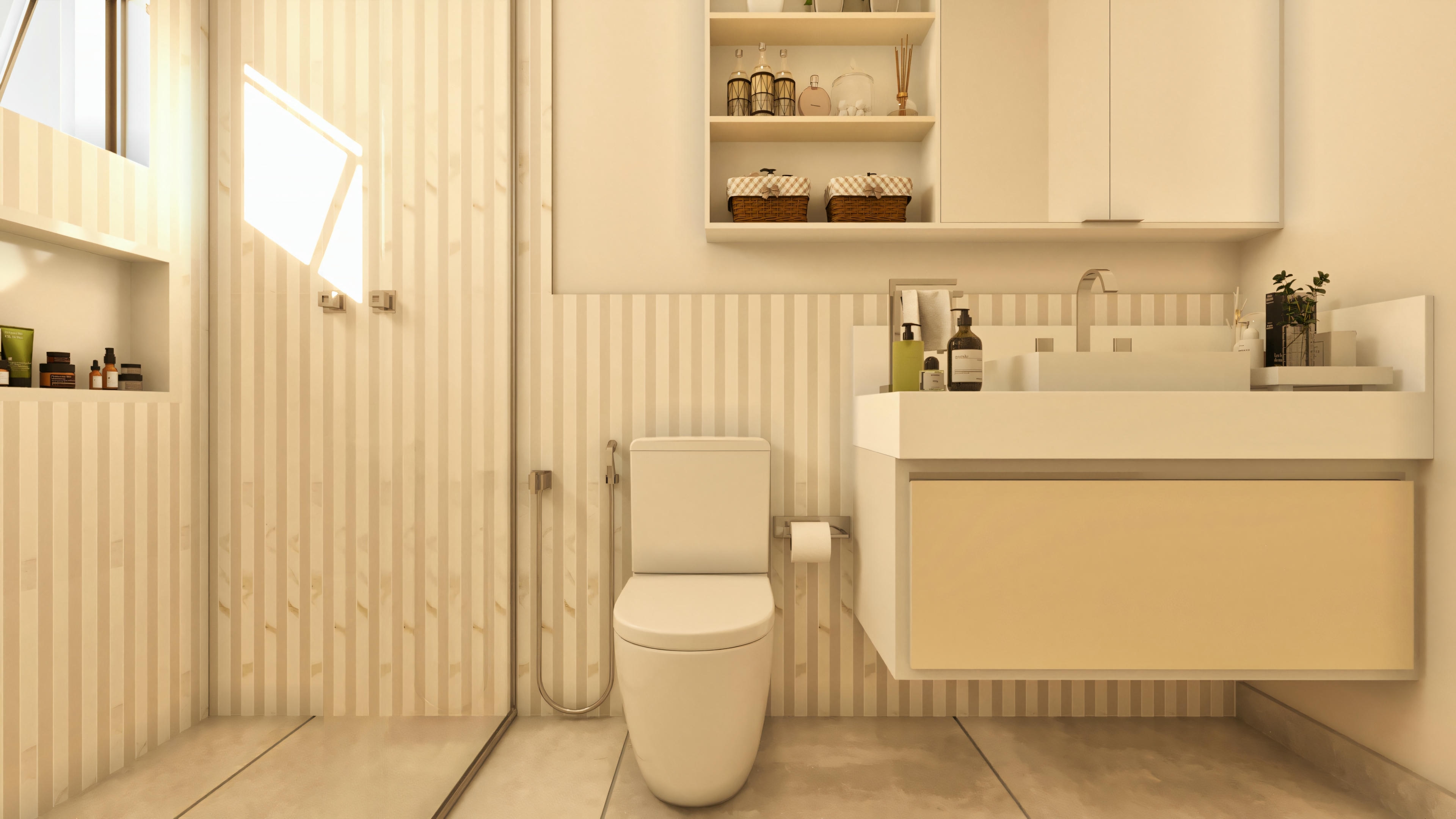 Bathroom with countertop sink.