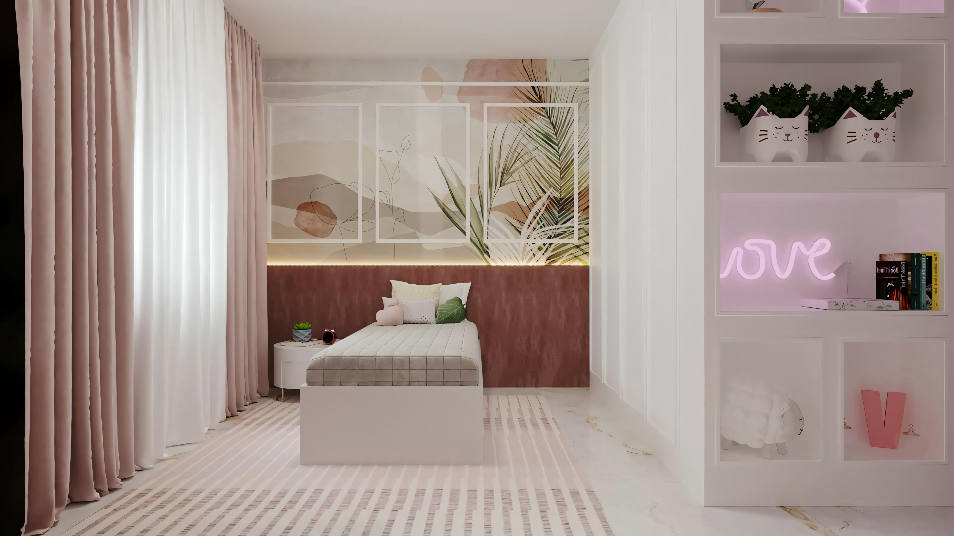 Bedroom with bed, nightstands, lamps, and artwork on the wall.