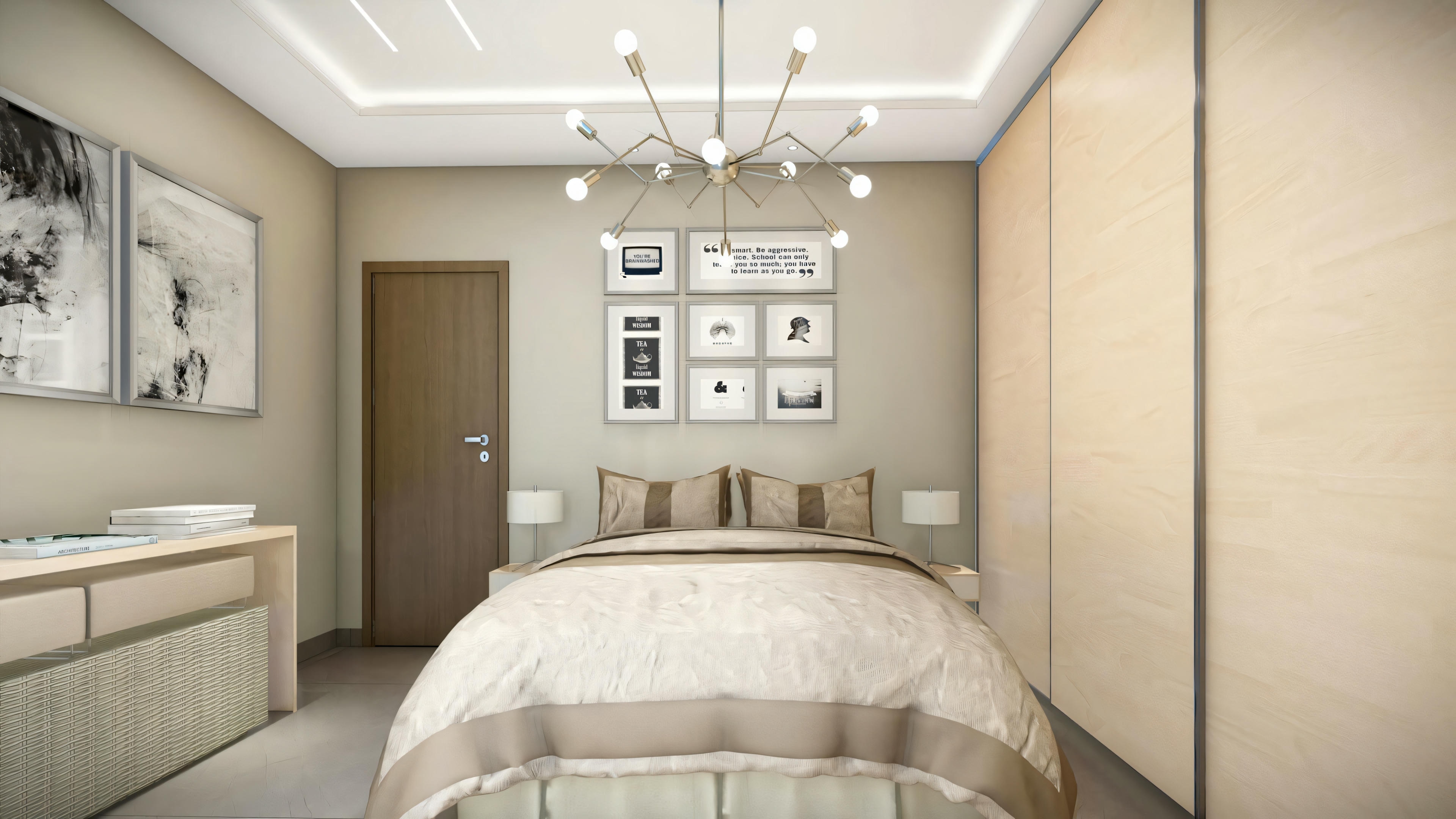 Bedroom with large bed, nightstands with lamps, textured headboard, and framed pictures above the bed.
