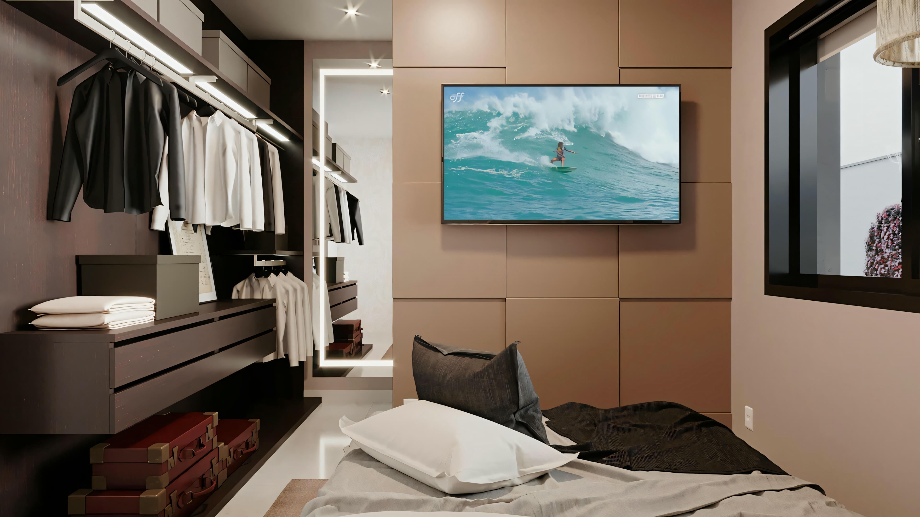 A bedroom with a large bed, nightstands, lamps, and a wall-mounted television displaying an image of the sea.