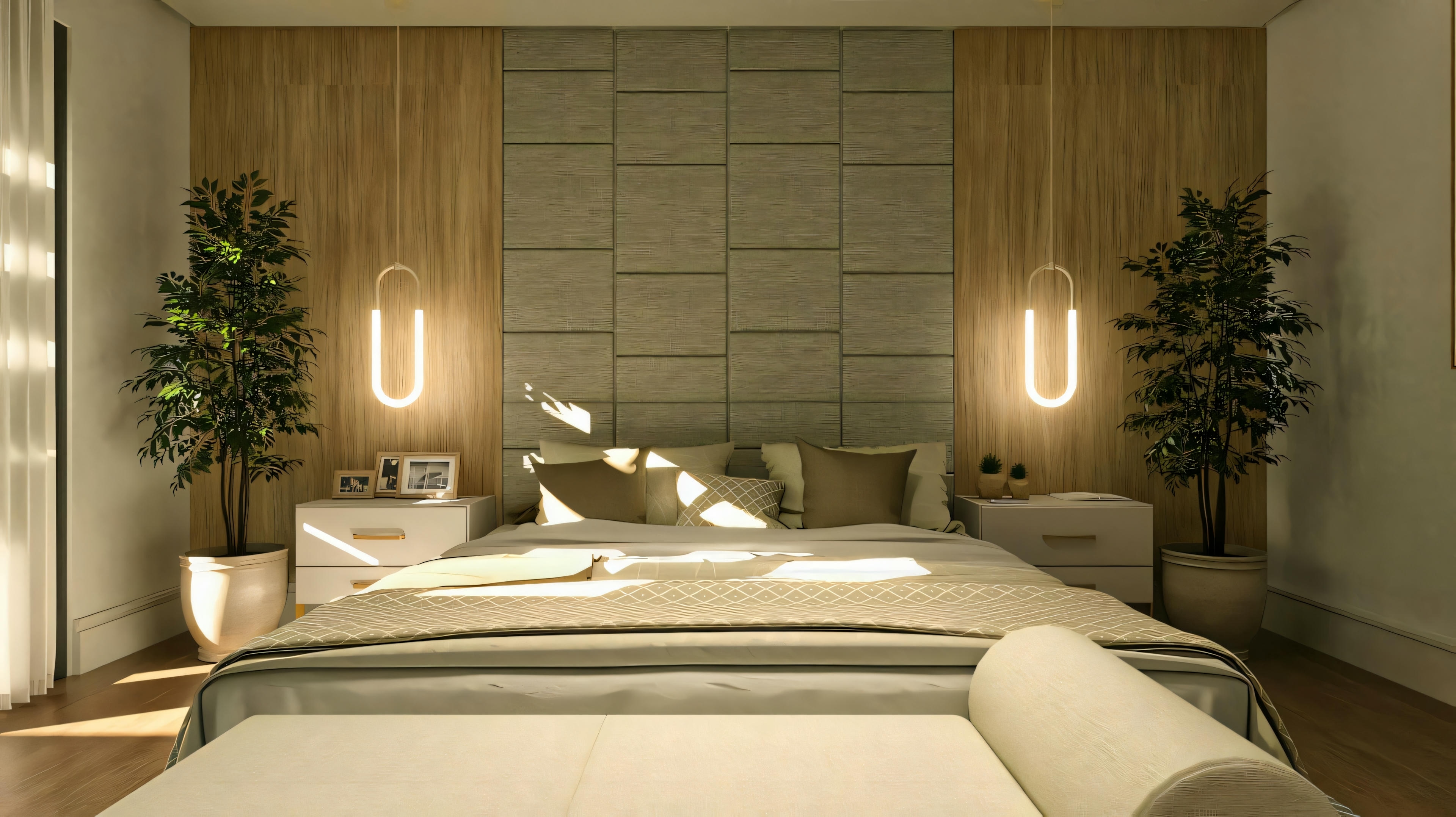 Cama com cabeceira estofada.
