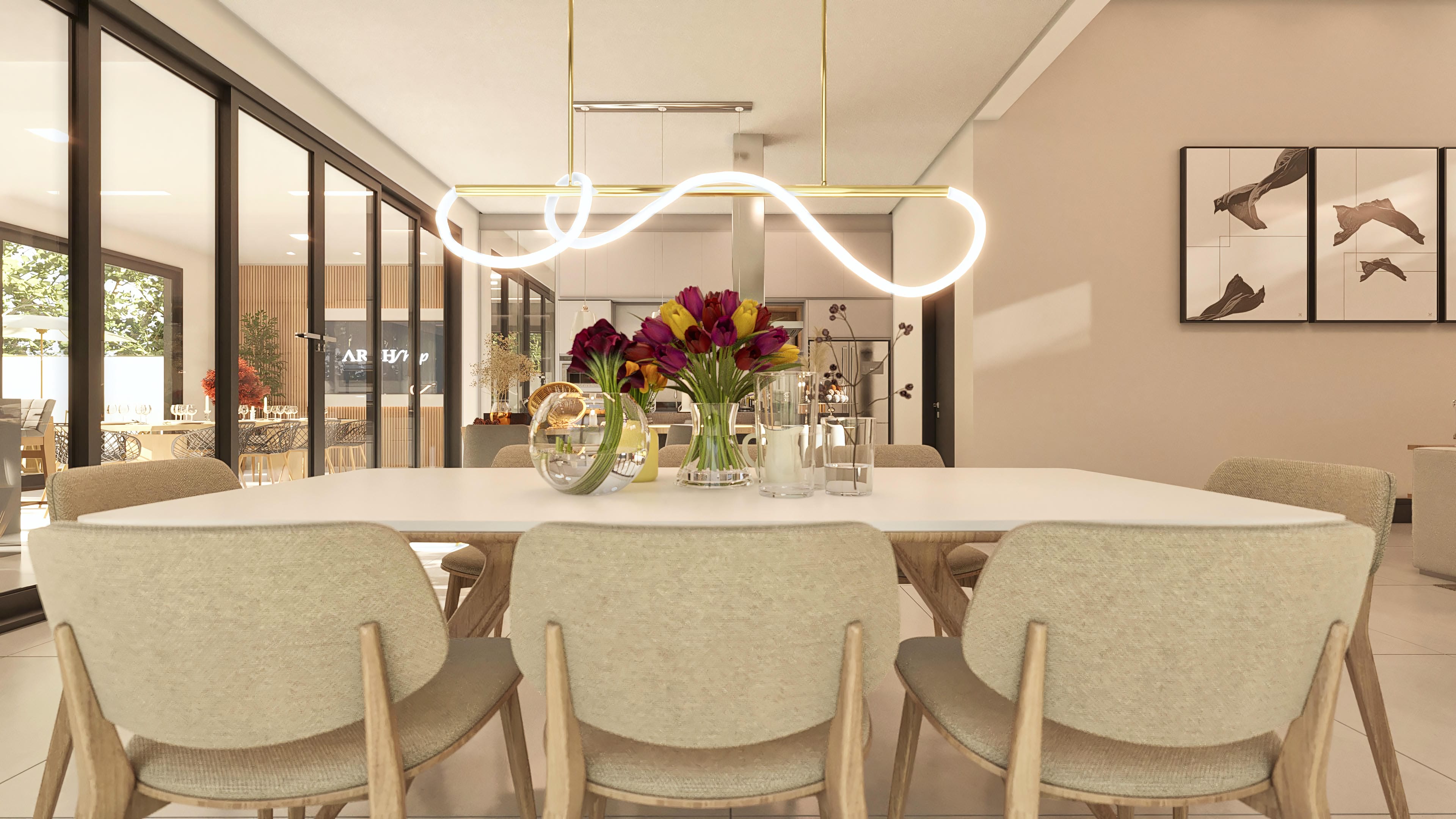 Interior moderno con comedor, sillas tapizadas en tejido beige y estructura de madera clara. Mesa de comedor blanca con centro de mesa floral.