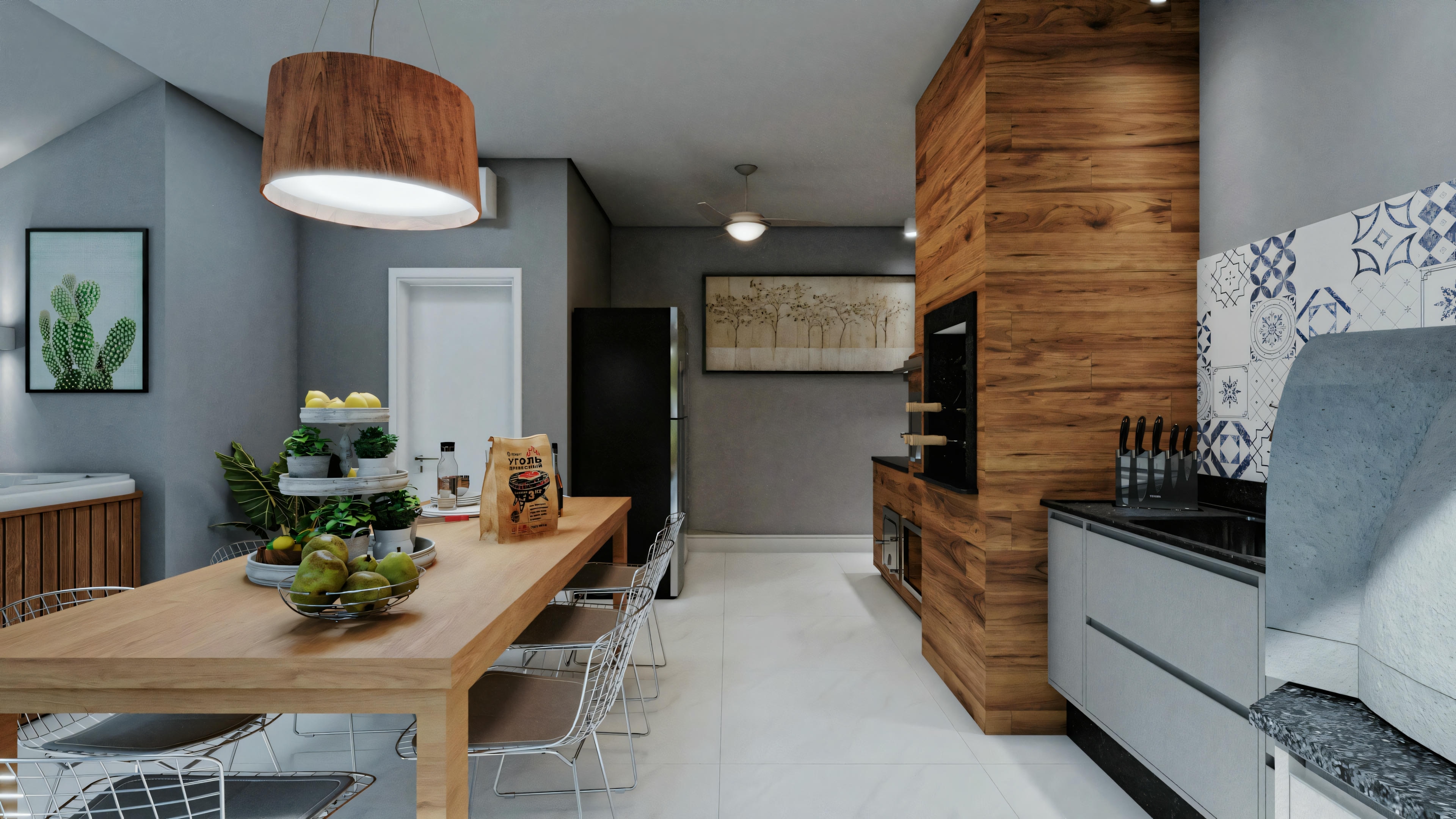 Cocina con paredes gris claro, una pared de acento en madera y una isla de cocina con encimeras blancas y taburetes altos.