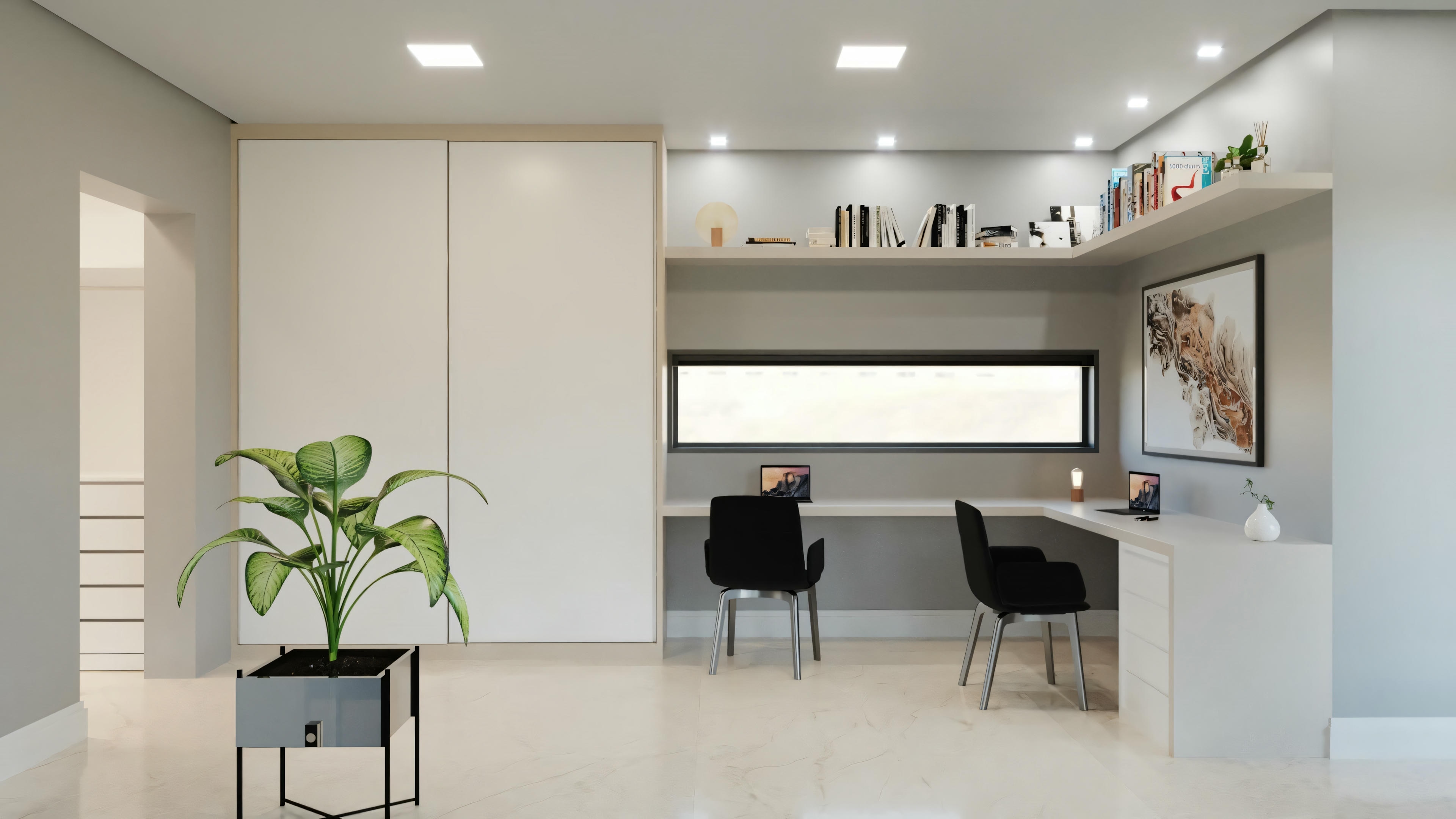 Cocina moderna con diseño minimalista. Hay una isla de cocina en primer plano con dos bancos altos, y detrás de ella, hay gabinetes empotrados y estantes a lo largo de la pared.