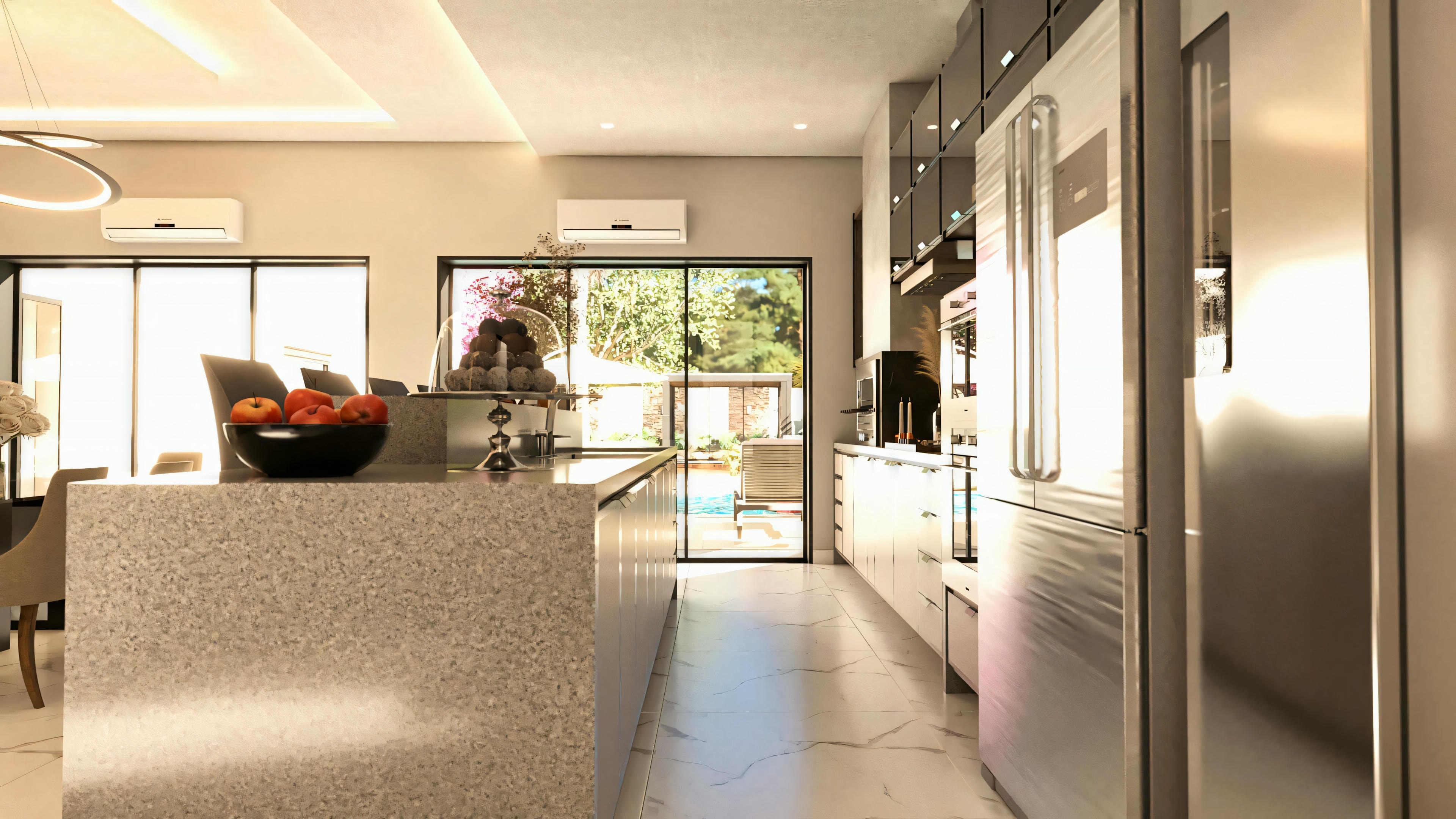 Cocina moderna con bancada de granito o cuarzo claro, integrada al comedor en proyecto de casa de planta baja con 3 suites. Detalle de los armarios planeados y acceso al área externa, parte de una planta de casa de planta baja de 276.43m² con 3 suites, oficina y área gourmet.