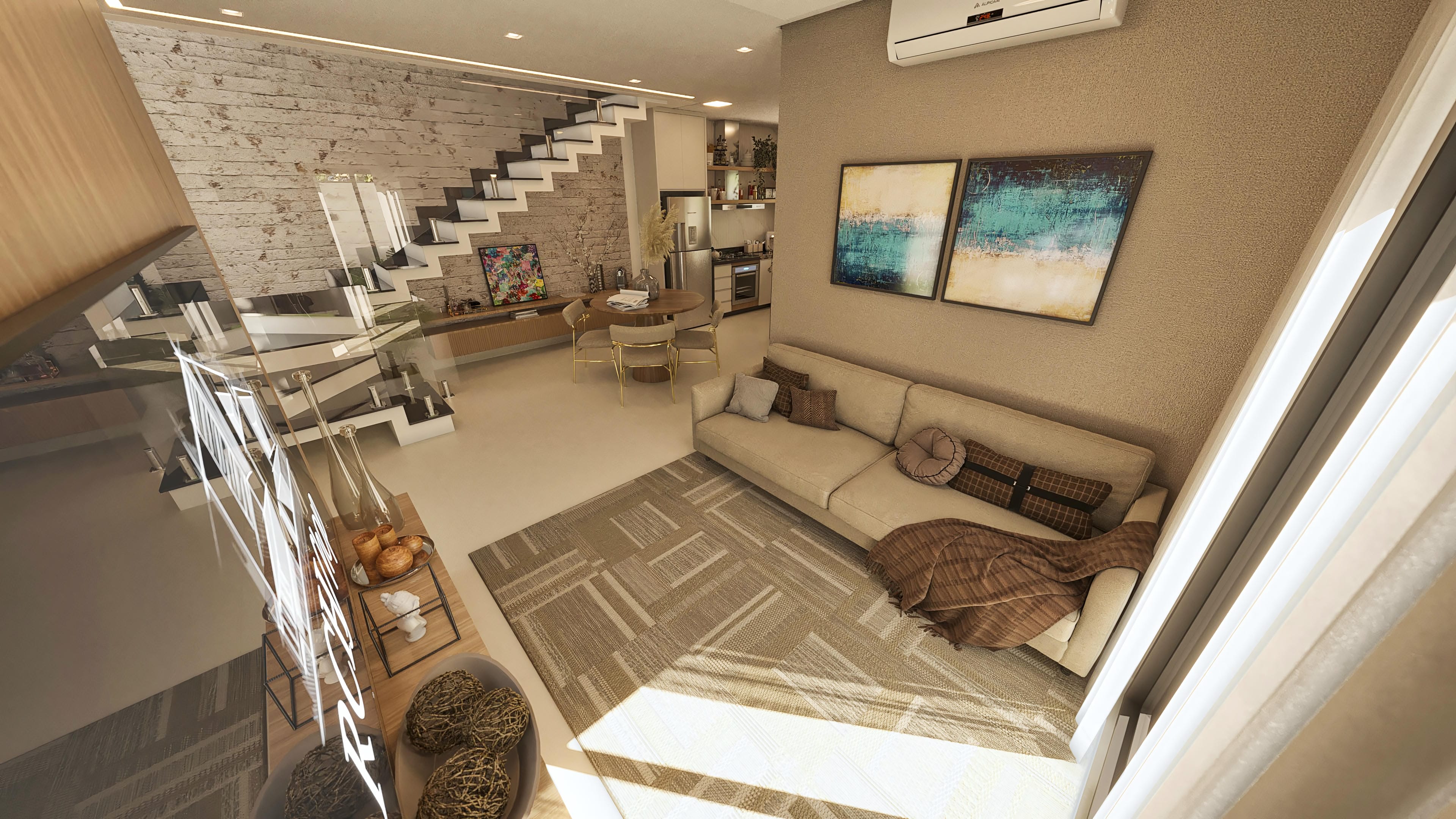 Modern house interior with cantilevered staircase, rustic wood textured wall, living room with beige sofa and geometric rug, and dining area with a round table.