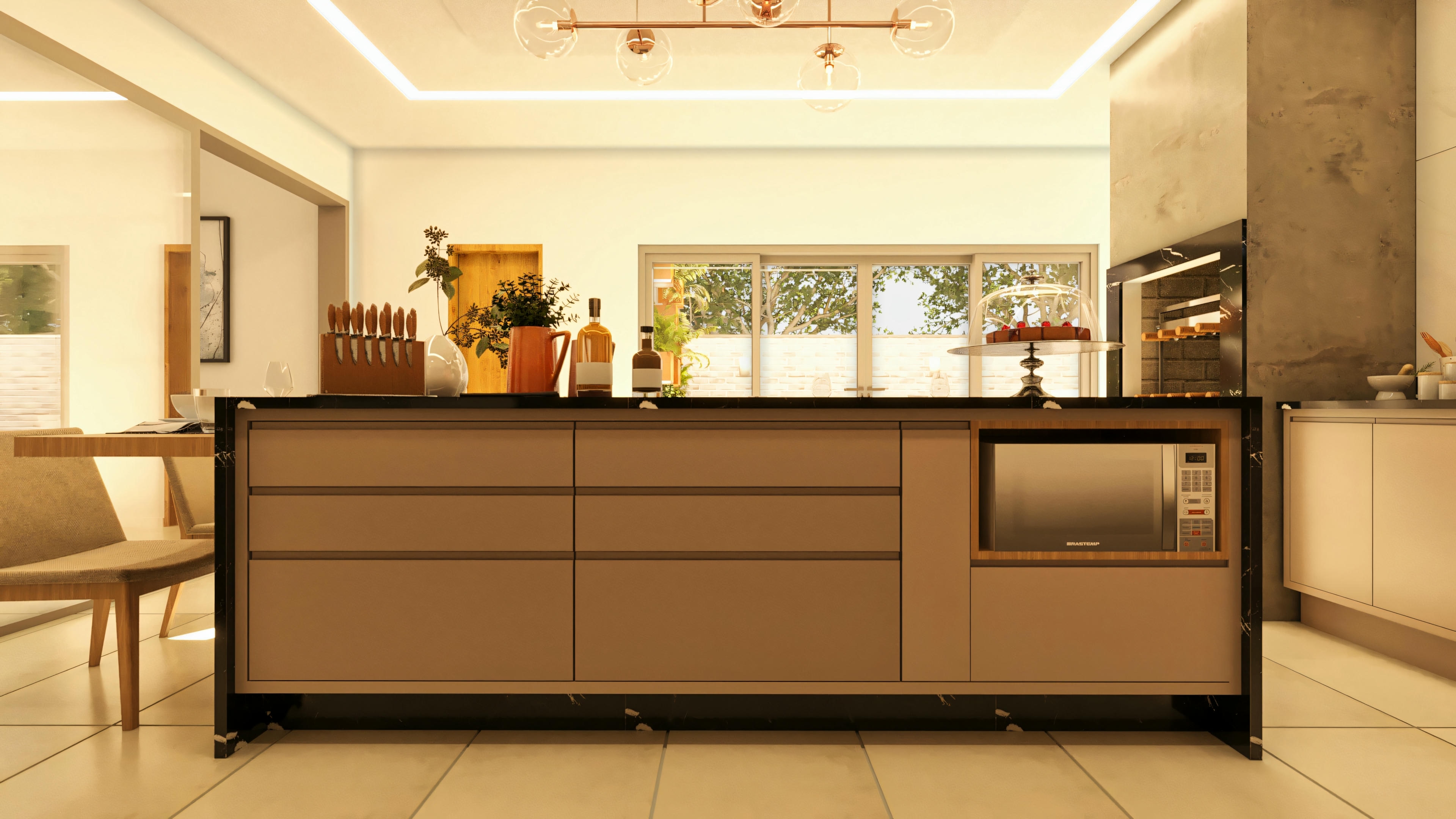 Cocina con gabinetes de madera y electrodomésticos modernos.