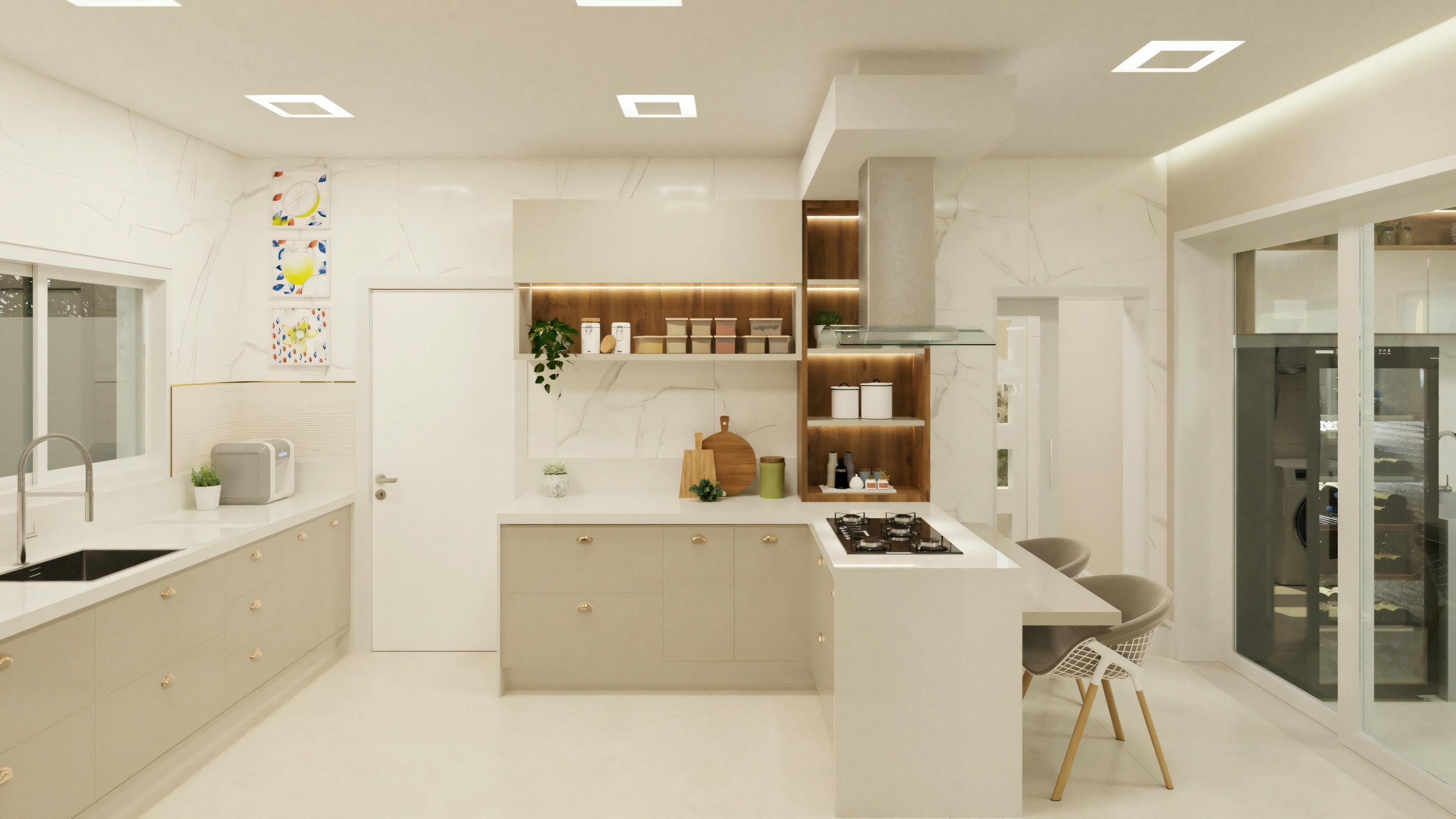 Uma cozinha moderna com bancadas brancas, armários e uma ilha central.