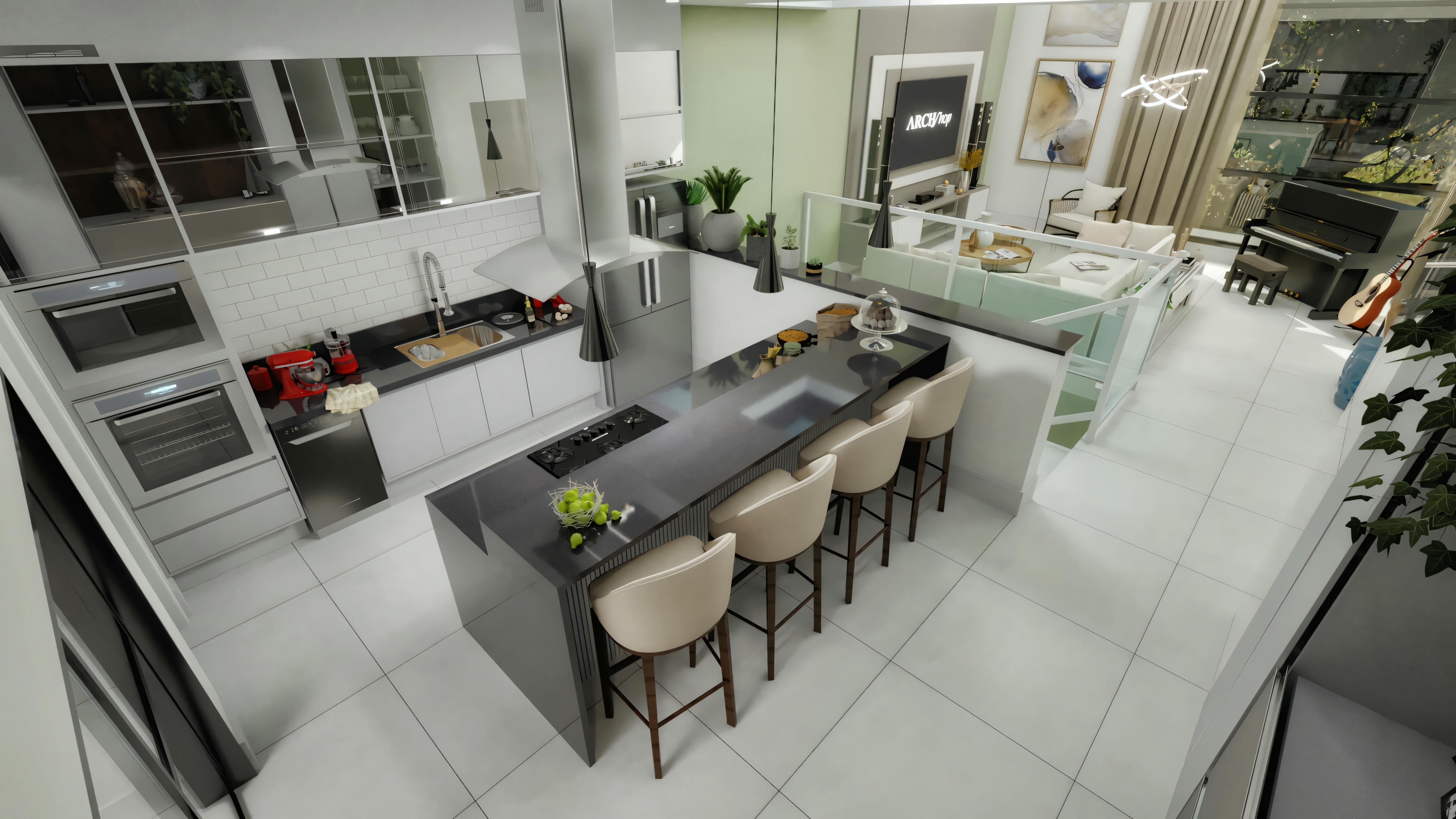 Cozinha moderna com ilha central e banquetas, cercada por eletrodomésticos e armários.