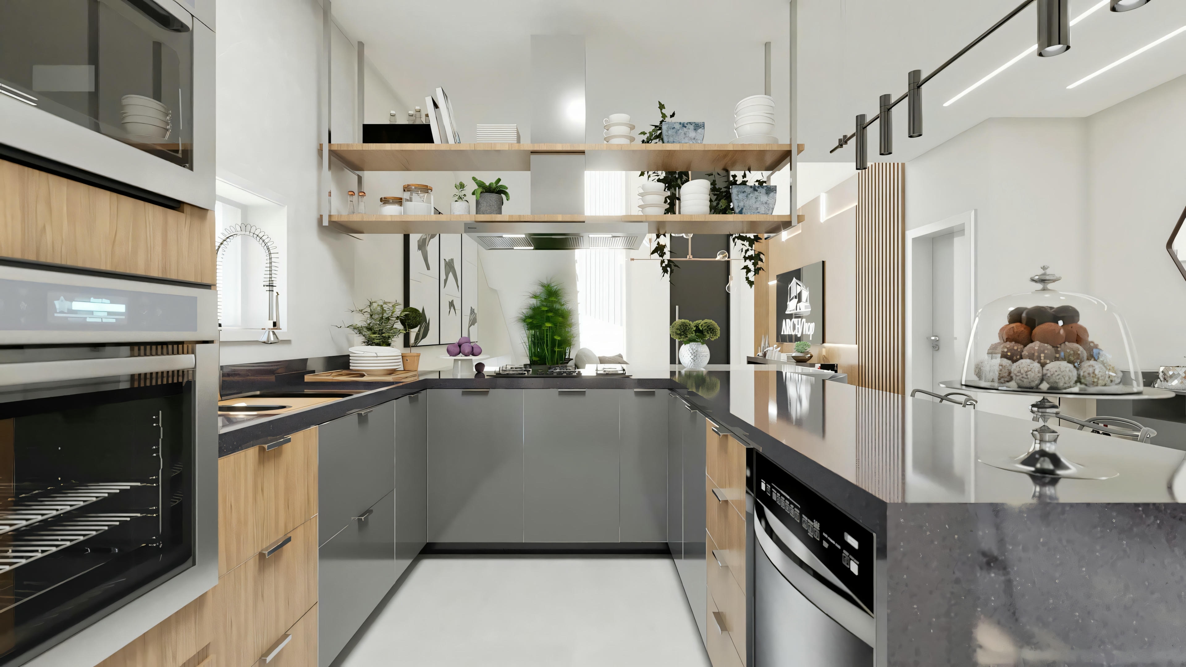Cozinha moderna em U com armários cinza e detalhes em madeira, bancada escura e prateleiras suspensas, parte do projeto de casa com 3 quartos e piscina da Archshop.