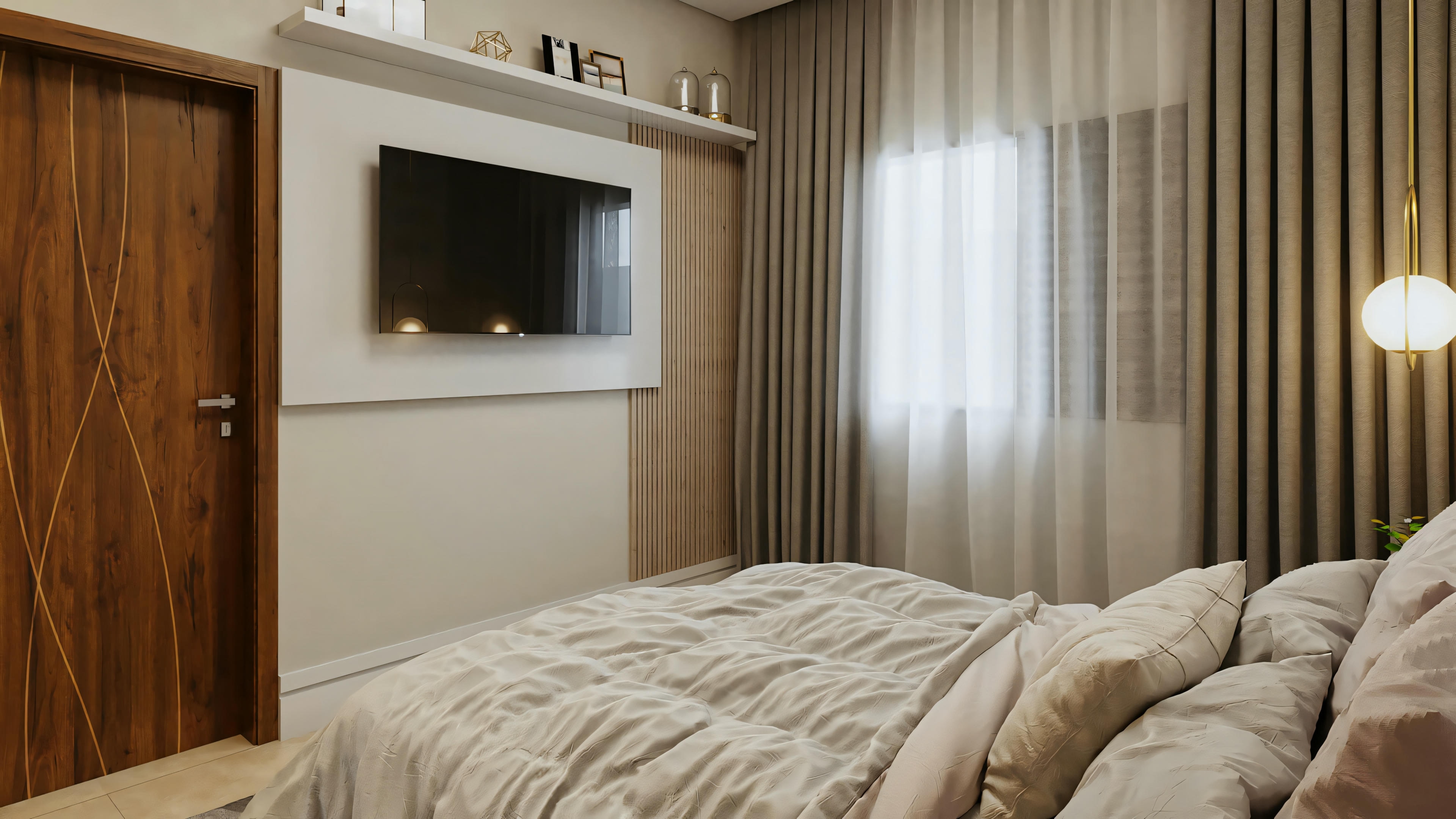 Vista interna de un cuarto suite perteneciente al proyecto listo de casa de planta baja con 2 suites, mostrando cama de matrimonio, panel de TV en la pared con detalle listonado, puerta de madera y ventana con cortina.